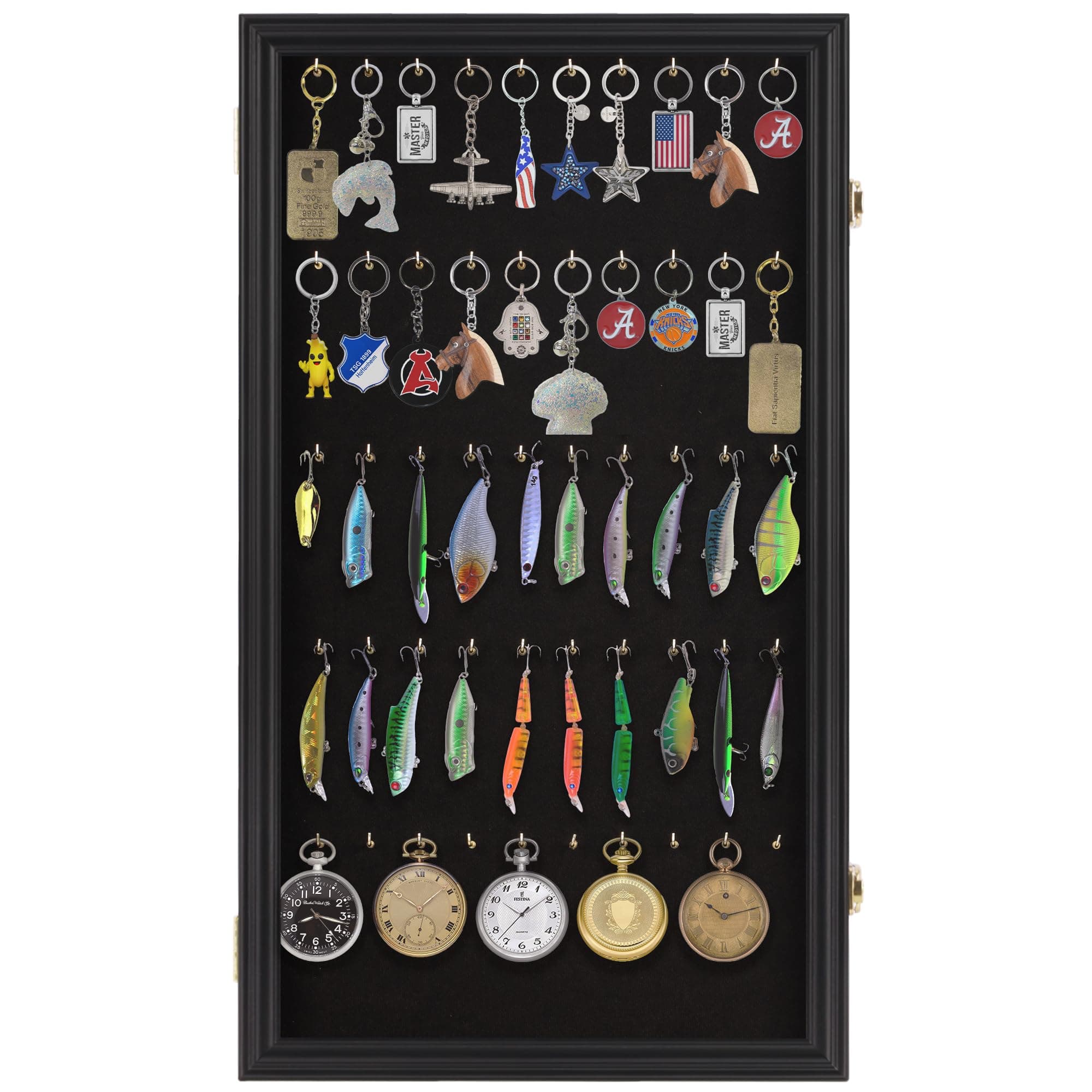 Fishing Lures, Keychain Display Case Pocket Watch Collection Display Case - Keyring Golf Bag Tag Luggage Tag Collection Showcase Shadow Box (Black Finish)