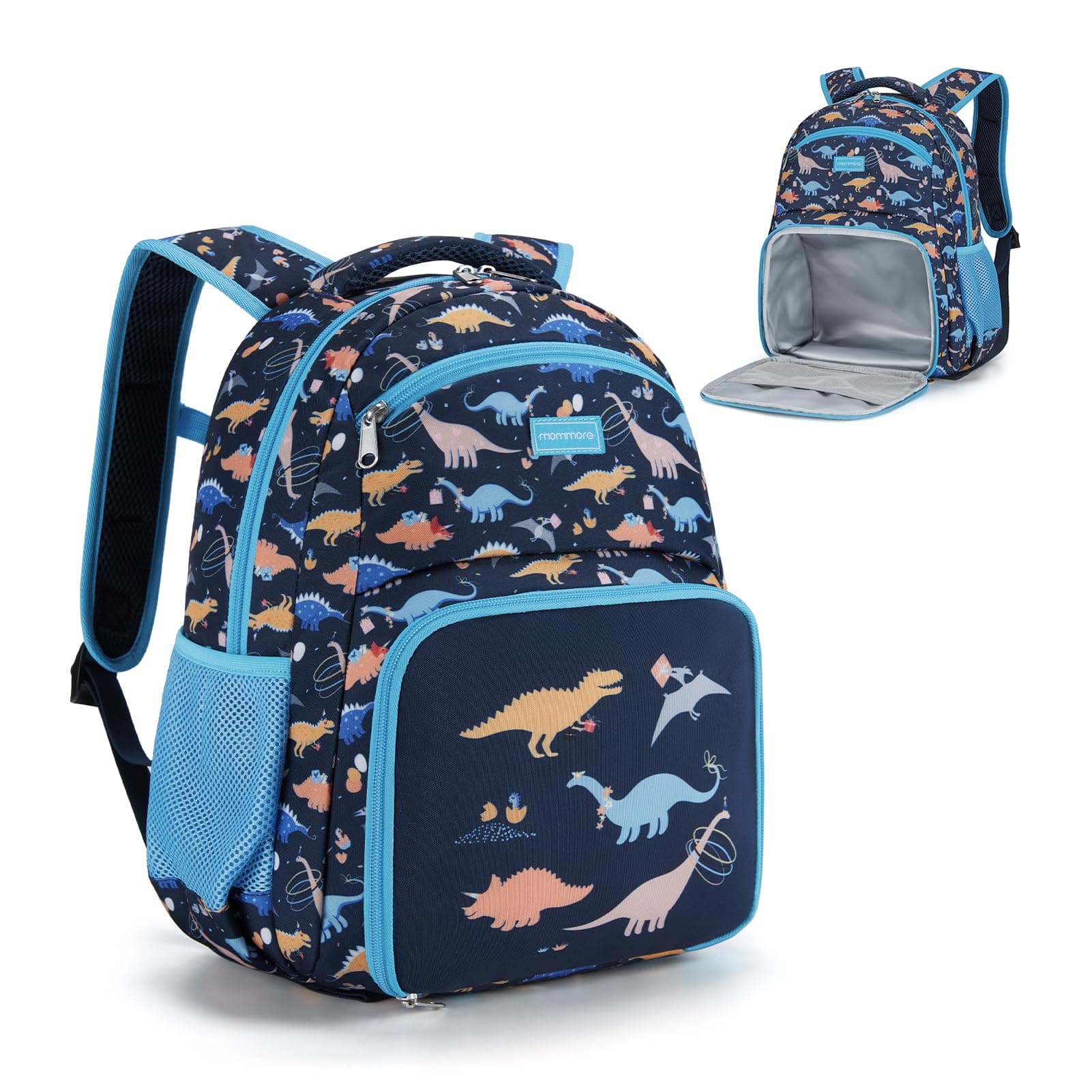 2-in-1 Kids Backpack, Insulated Lunch Compartment Dinosaur Toddler Backpack Lightweight Kindergarten Preschool Bookbag for Boys with Chest Strap, for Travel Daycare, Blue