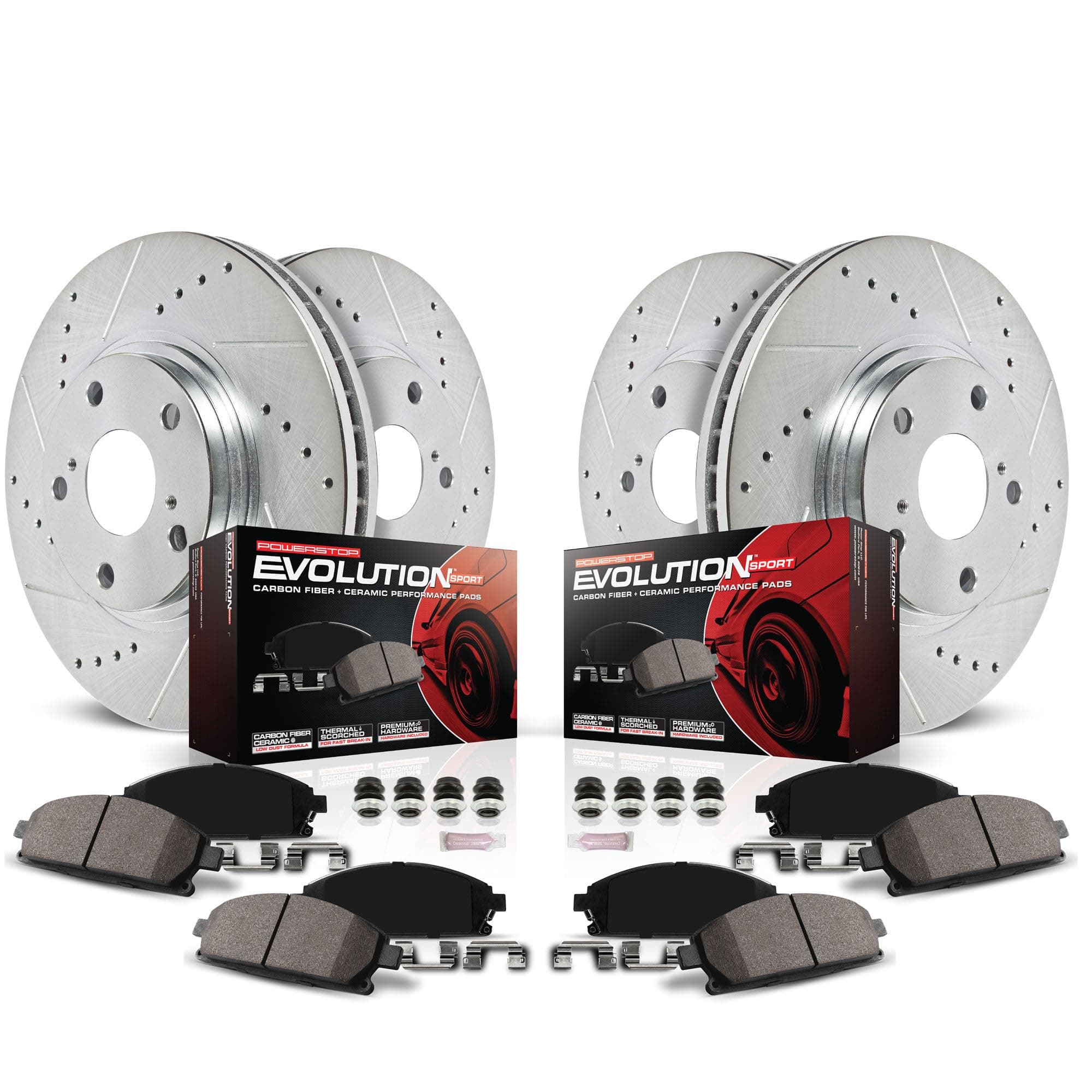 Power Stop K2853 Front and Rear Z23 Carbon Fiber Brake Pads with Drilled & Slotted Brake Rotors Kit