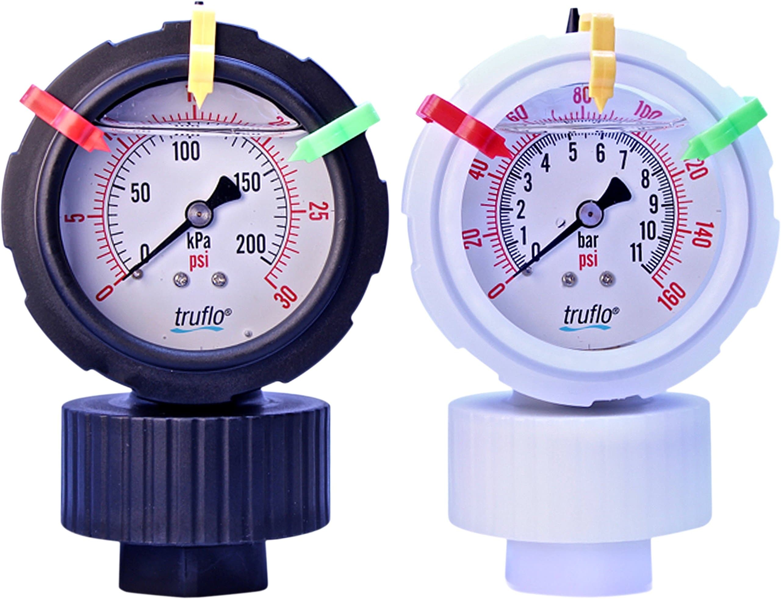0-160 PSI ALL PLASTIC GAUGE WITH INTEGRALLY MOLDED ISOLATOR, PVDF HOUSING, PTFE DIAPHRAGM, 1/2" NPT PVDF PROCESS CONNECTION, LIQUID FILLED, RANGE TABS