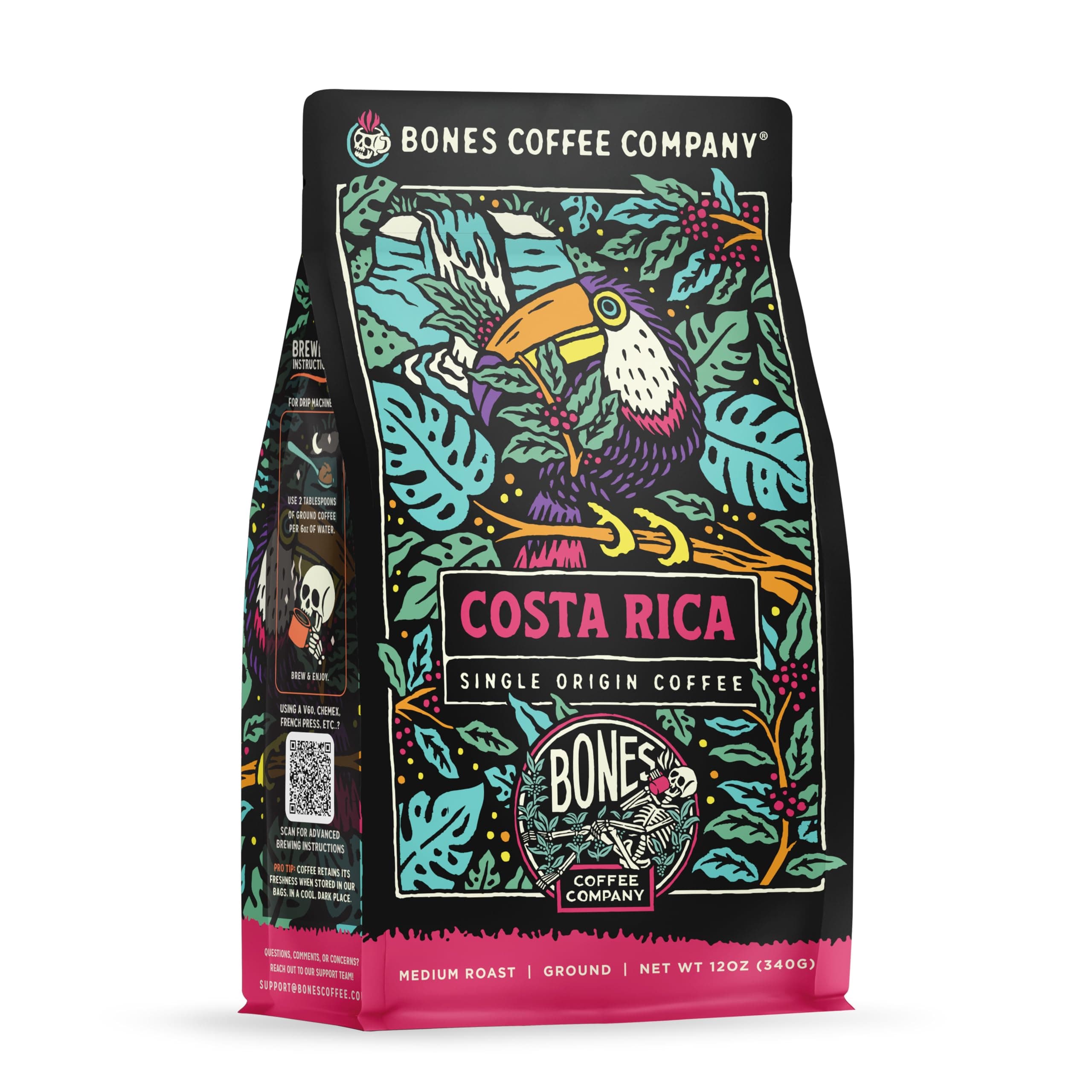 Bones Coffee Company Costa Rica Single-Origin, Cocoa, Nutty and Milk Chocolate Notes, Ground Coffee Beans, Low Acid Medium Roast Arabica Beans Flavored Coffee for Auto drip Coffee Maker, 12 oz Ground