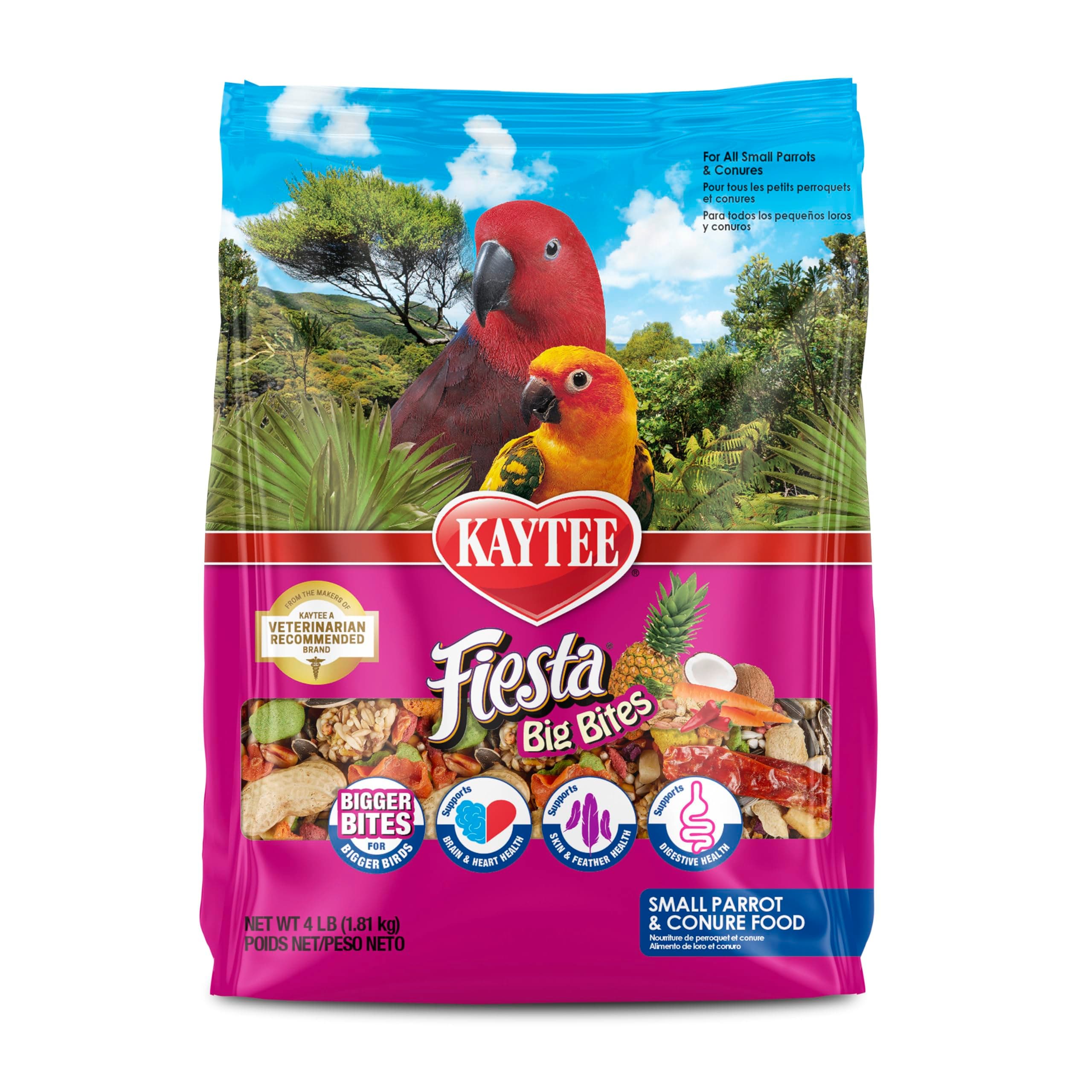 Kaytee Fiesta Big Bites Small Parrot & Conure Food, Nutritious and Fun Blend, Supports Skin, Feather, Digestion, Brain and Heart Health, 4 pounds