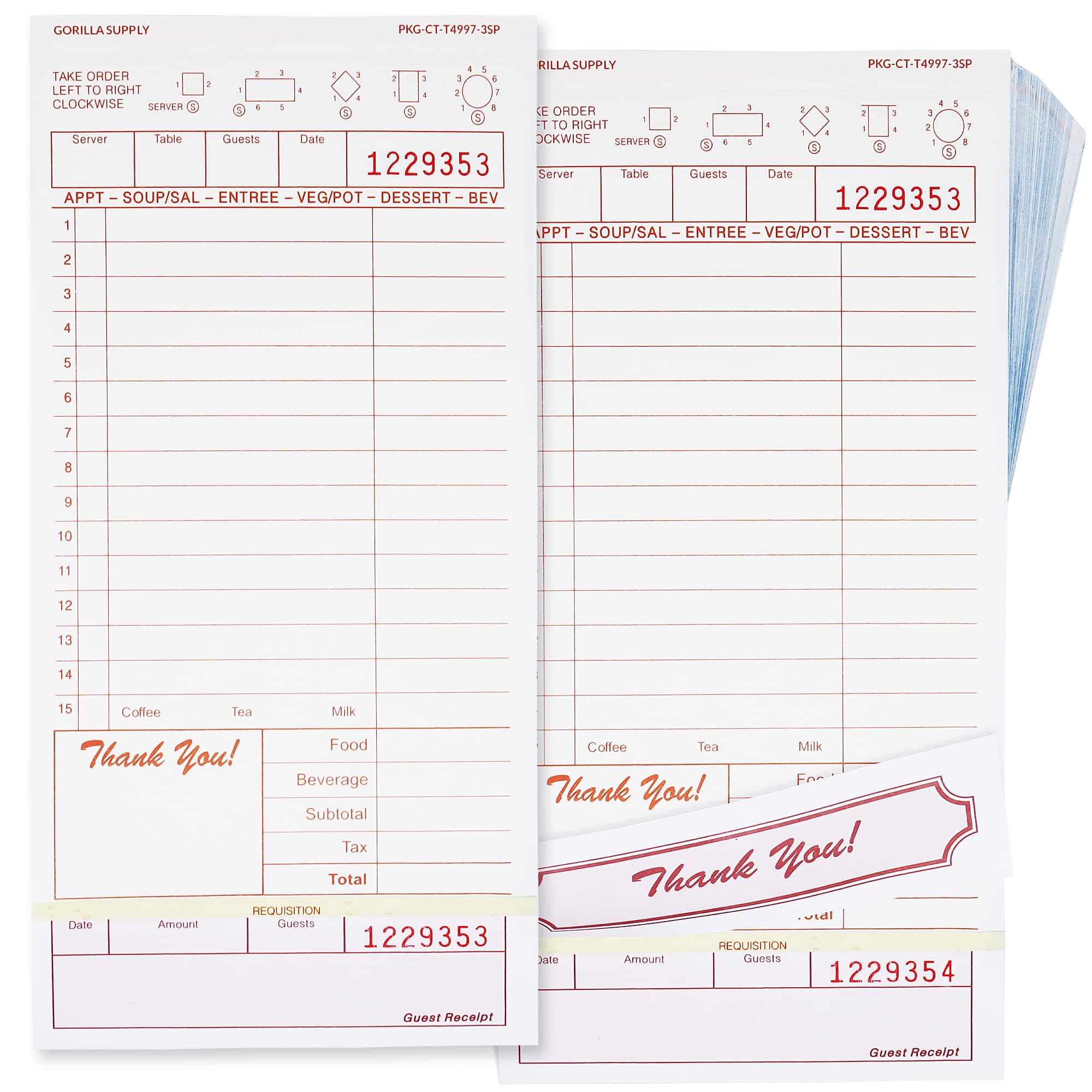 [250] Gorilla Supply Guest Check 4.25" x 8.5" 3-Part Carbonless Perforated Loose Server Order Checks with 15 Lines, Tan, 250 Sets