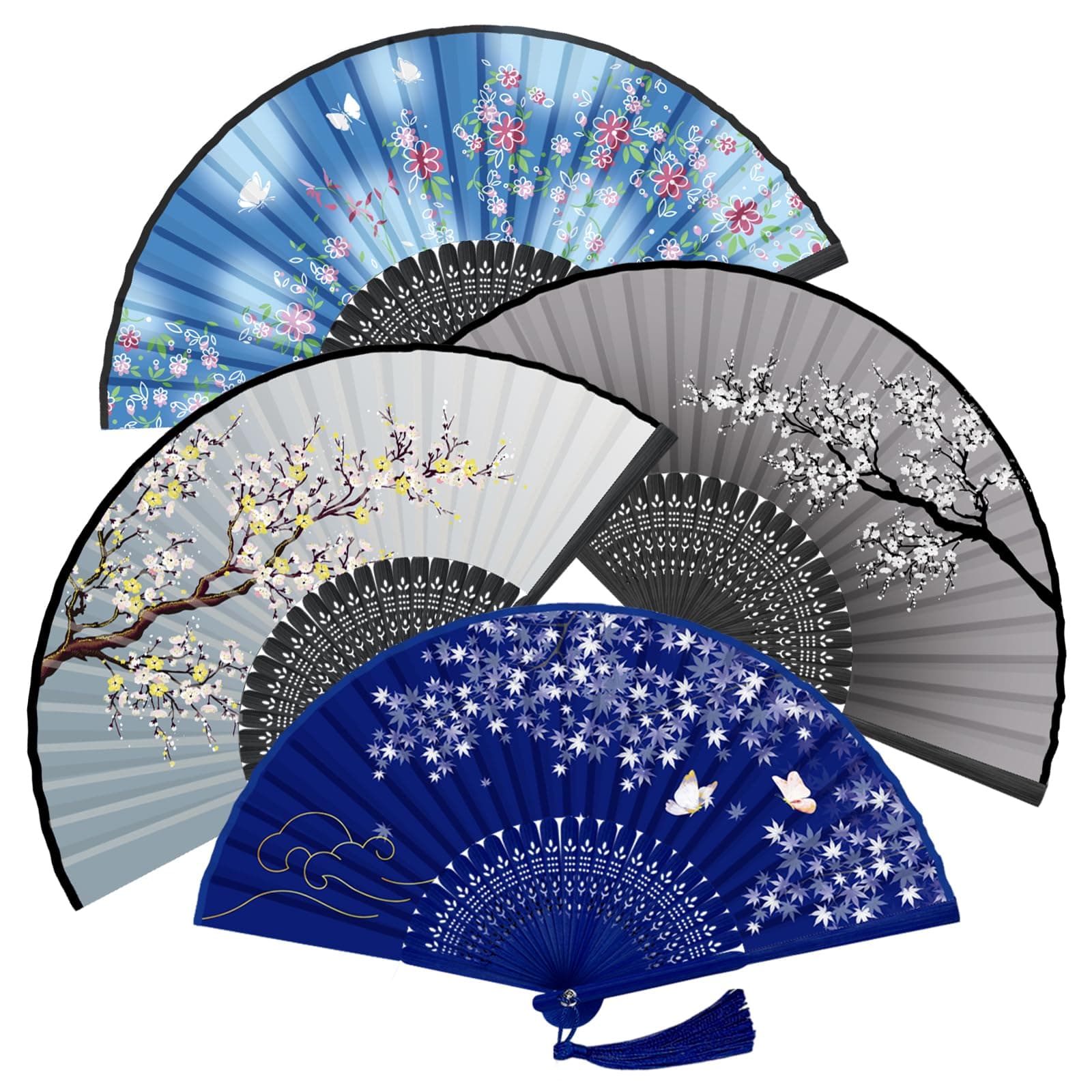 WEARXI Hand Held Fan, 4 PCS Hand Fans for Women Foldable, 8.3" Silk Folding Fan with Bamboo Frames, Chinese Japenese Paper Hand Fan Foldable for Cosplay, Dancing, Party, Wedding, Home Decoration