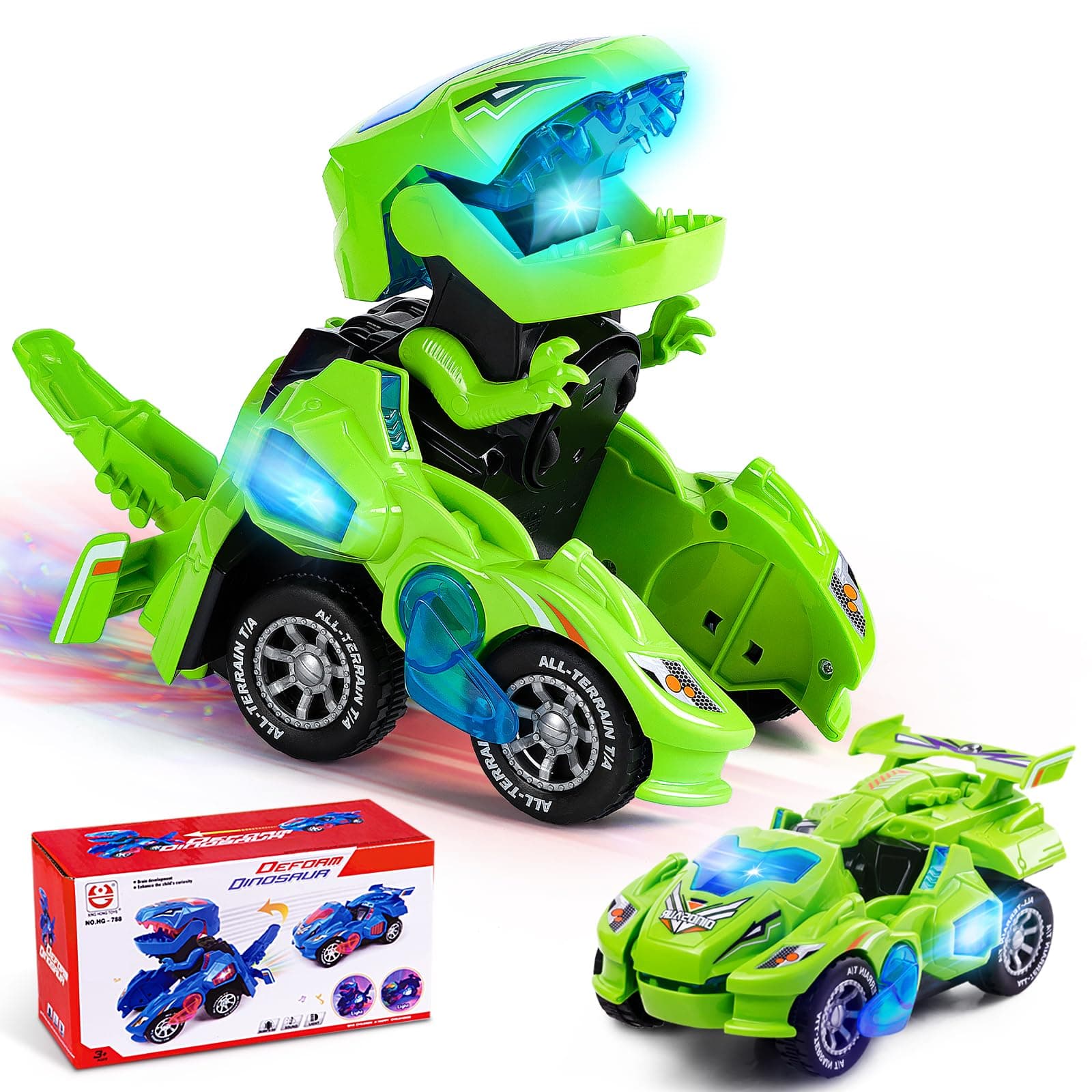 Dinosaur Transforming Car, Dino Toys with Flashing Lights and Sound for Boys Girls Age 3-7 Automatic Electric Transform Cars Toy Birthday Xmas Gifts for Kids 3 4 5 6 7 Years Green