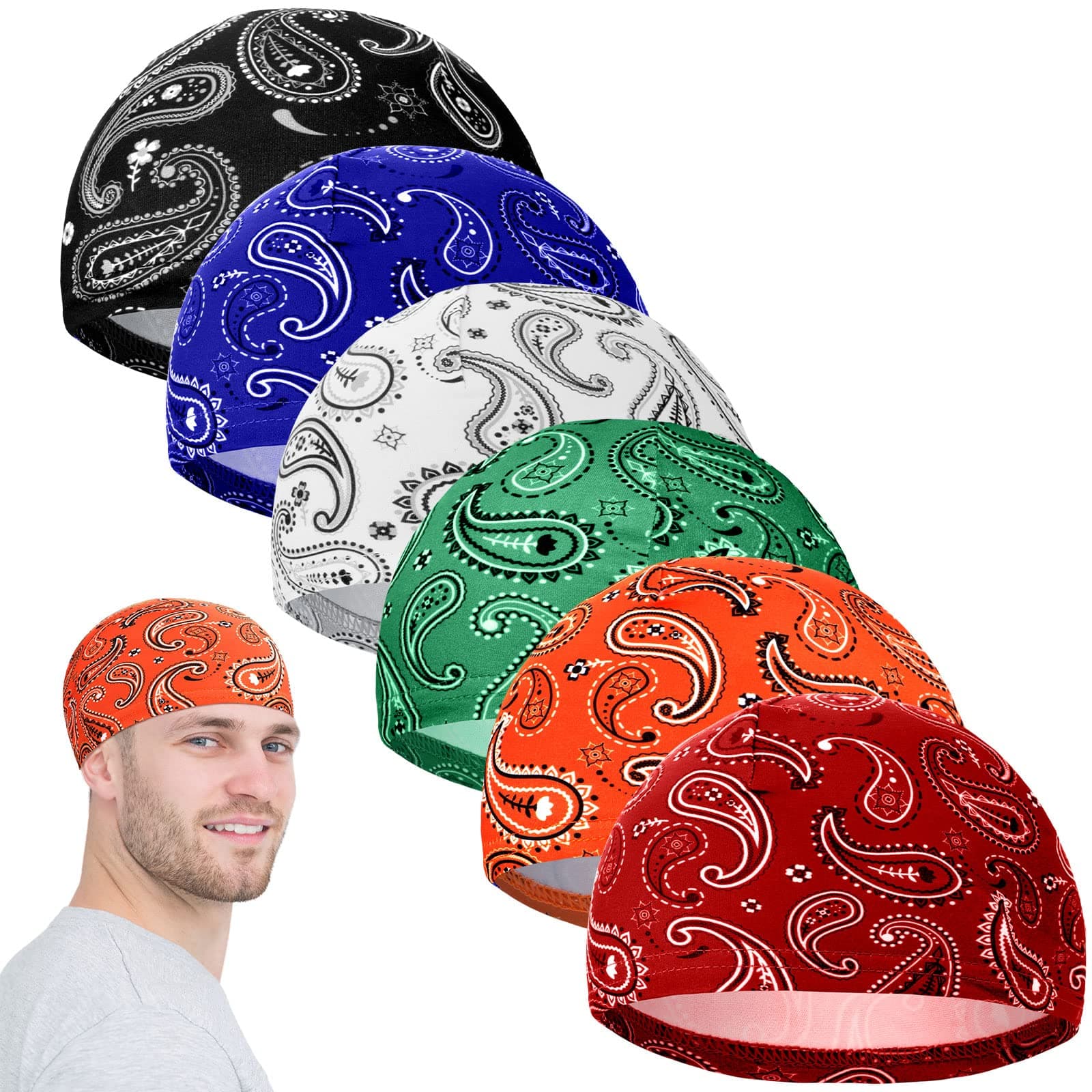 Haysandy 6 Pcs Cooling Skull Cap Motorcycle Helmet Liner Men Women Sweat Wicking Beanie Bicycle Running Cap Head Wrap