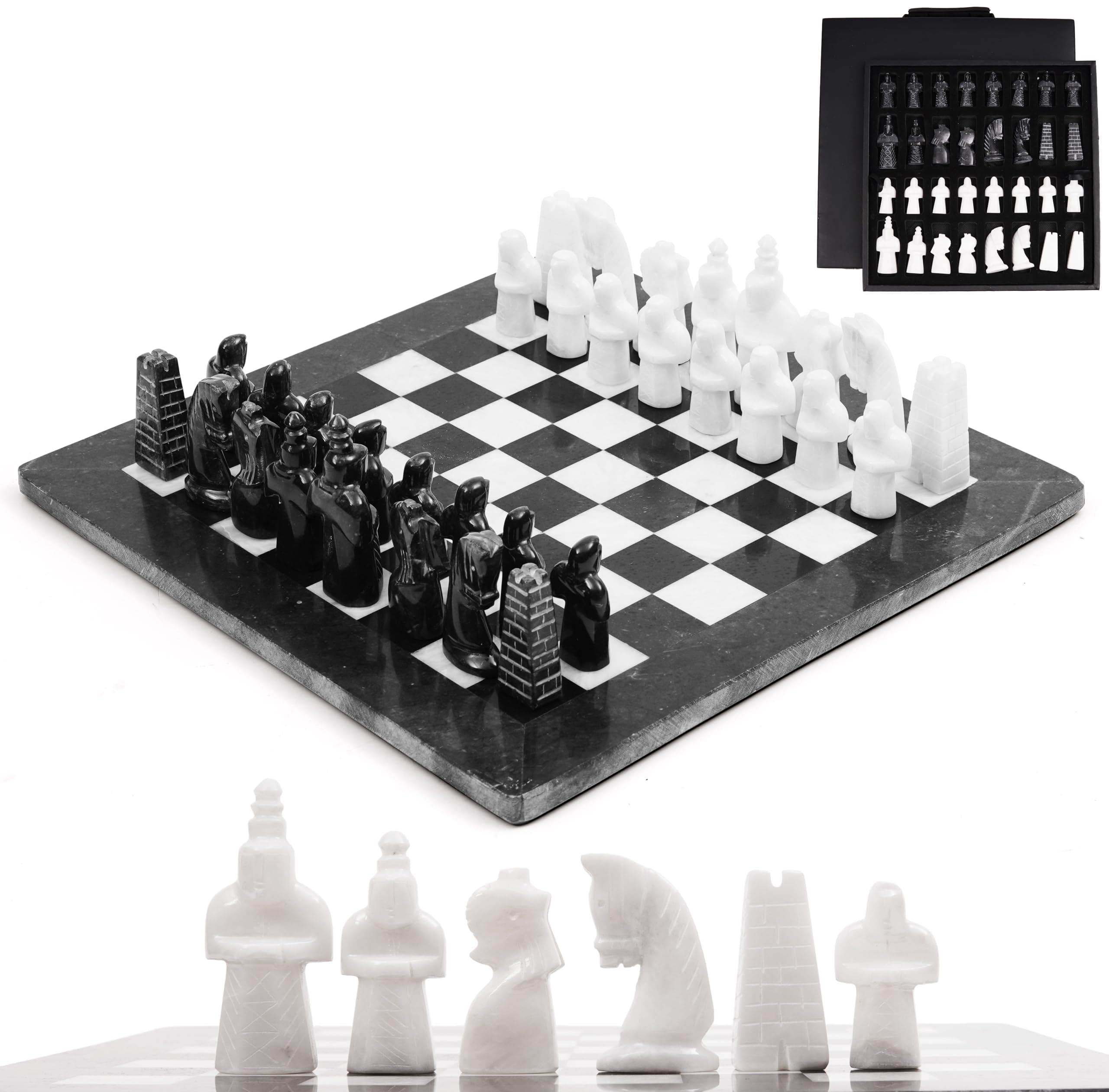 Marble Antique Chess Set with Storage Box 15 Inches Black and White Handmade Board Game 2 Player Classic Chess Sets for Adults Board & 32 Chess Pieces