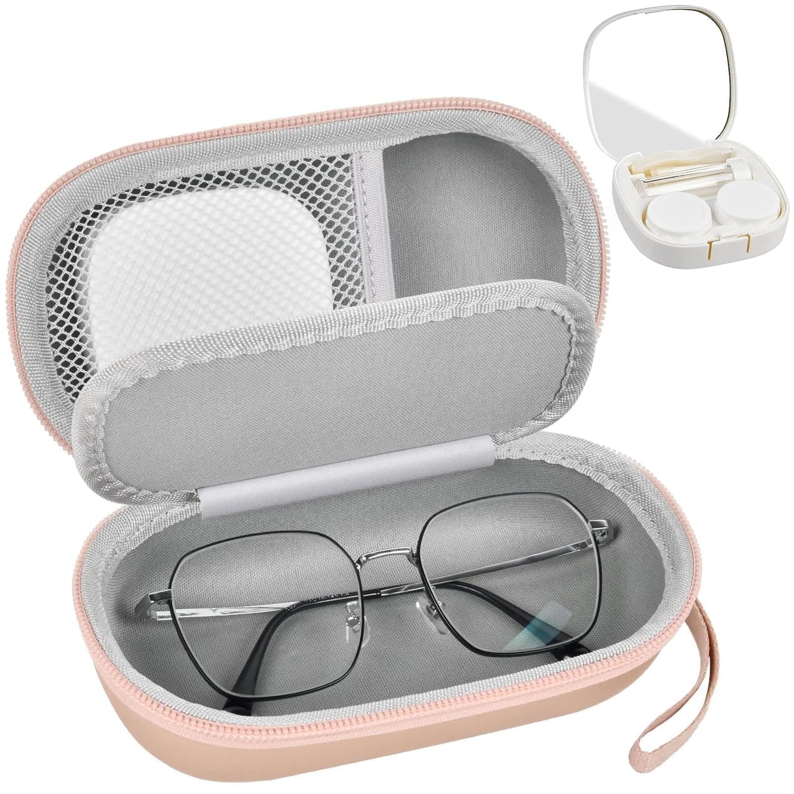 Portable 2 in 1 Contact Lens Case and Glasses Case, Traveling Contact Cases Bag Box Holder with Soak Storage Kit Included Built-in Mirror, Tweezer, Contact Lens Solution Bottle and Hand Strap-Gold