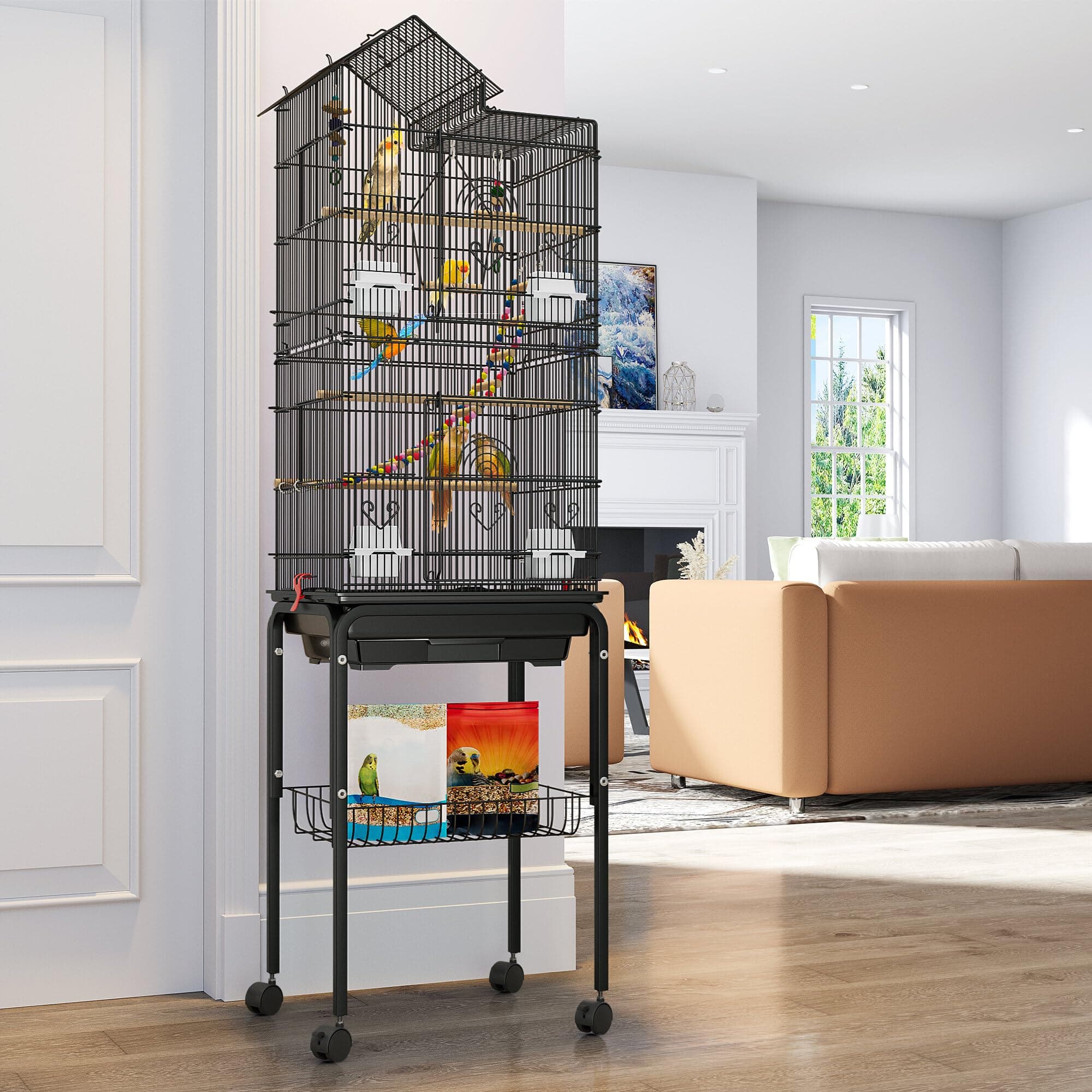 62 inch Metal Bird Cage, Large Parakeet Cages for Parrot, Cockatiel, Lovebird, Pigeon with Roof Top, Rolling Stand and Hanging Accessories