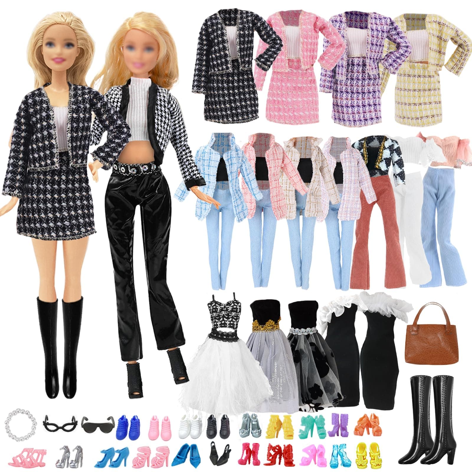 16 Doll Clothes Set Compatible with Barbie Doll, 3 Stylish Check Coat Set 2 Party Dresse 1 Short Sleeve Pants 1 Bag 1 Neck Accessorie 2 Eyeglasses 1 Boots 5 Shoes for 11.5 Inch Dolls Girls Gift Random
