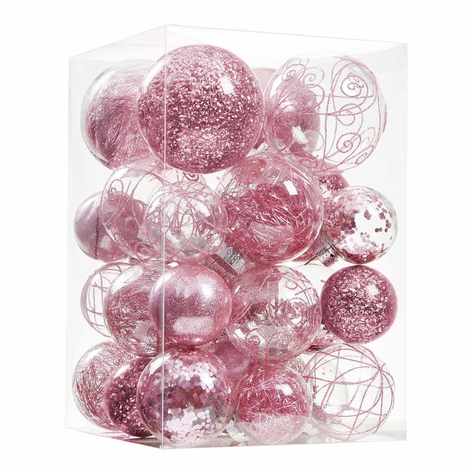 Wironlst Christmas Ball Ornaments Shatterproof Clear Large Plastic Hanging Ball Decorative Baubles Set with Stuffed Delicate Decorations (Multi-Size, Pink)