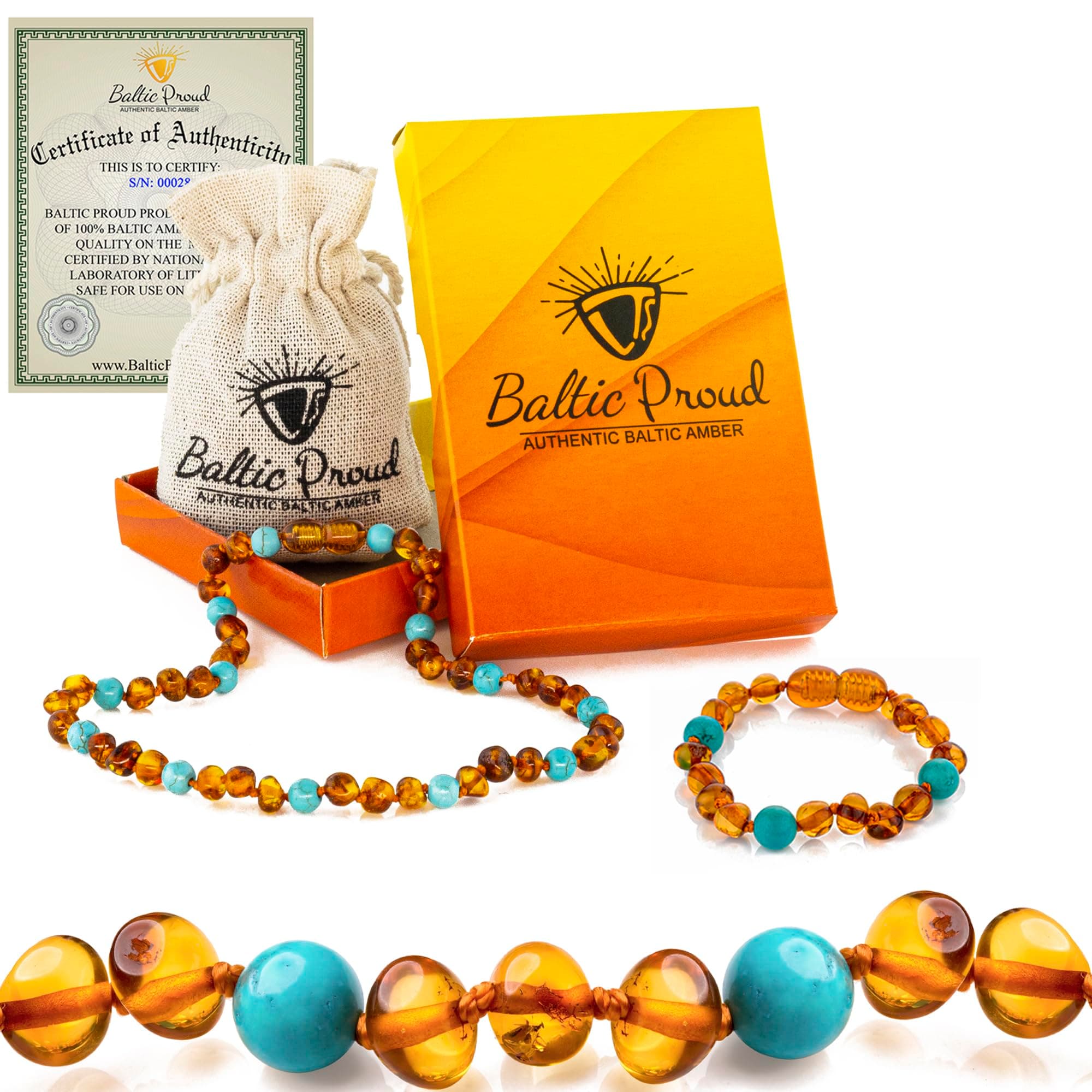 Baltic Proud Amber Necklace and Bracelet Gift Set (Unisex Cognac Turquoise 12.5 Inches/5.5 Inches) - Certified Premium Quality Raw Baltic Sea Amber