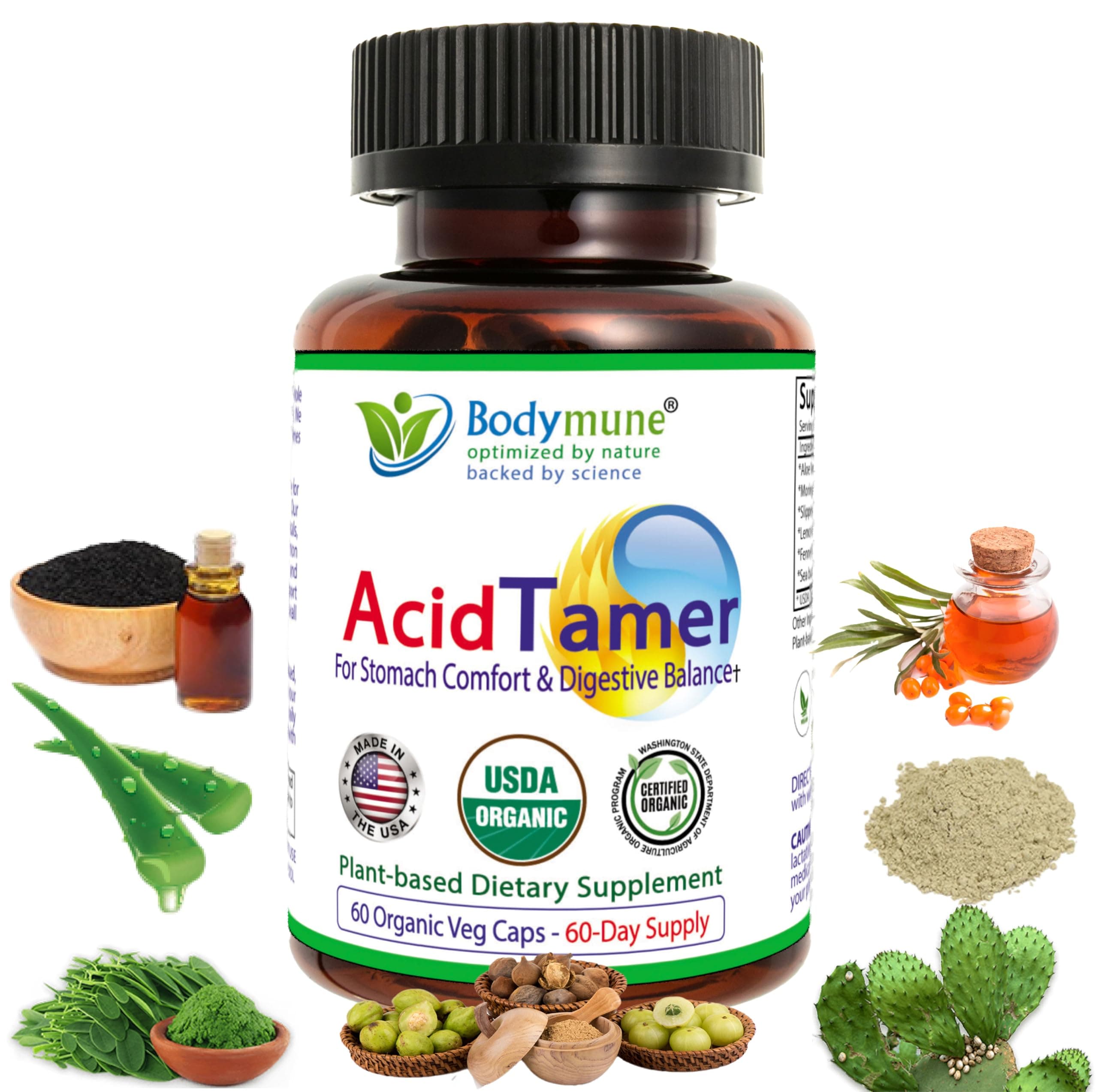 AcidTamer Acid Relief | Promotes Stomach Comfort & Digestive Wellness* | Organic Herbal Blend for Gut Health* | Made in USA, USDA Organic, Vegan, Non-GMO, Gluten-Free | 60 Capsules