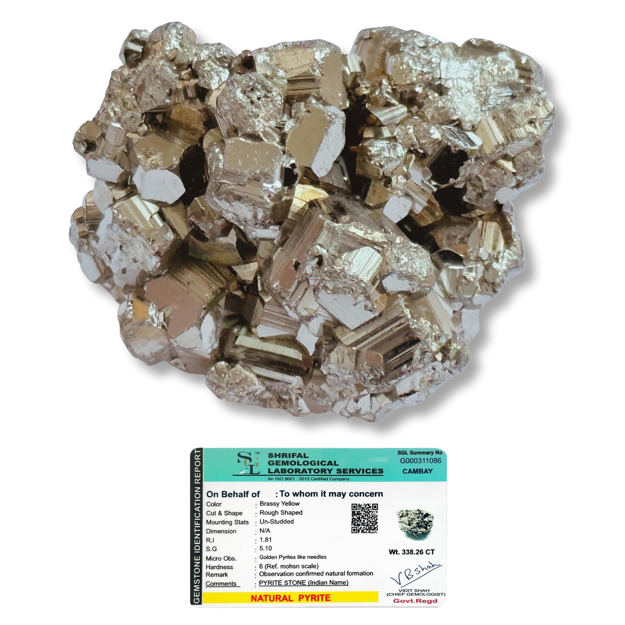 SOLAVA Pyrite Stone Cluster - Natural Energised Golden Pyrite for Healing, Willpower, Money Manifestation, Vastu, and Business - Certified Original (30-45 GRAM)