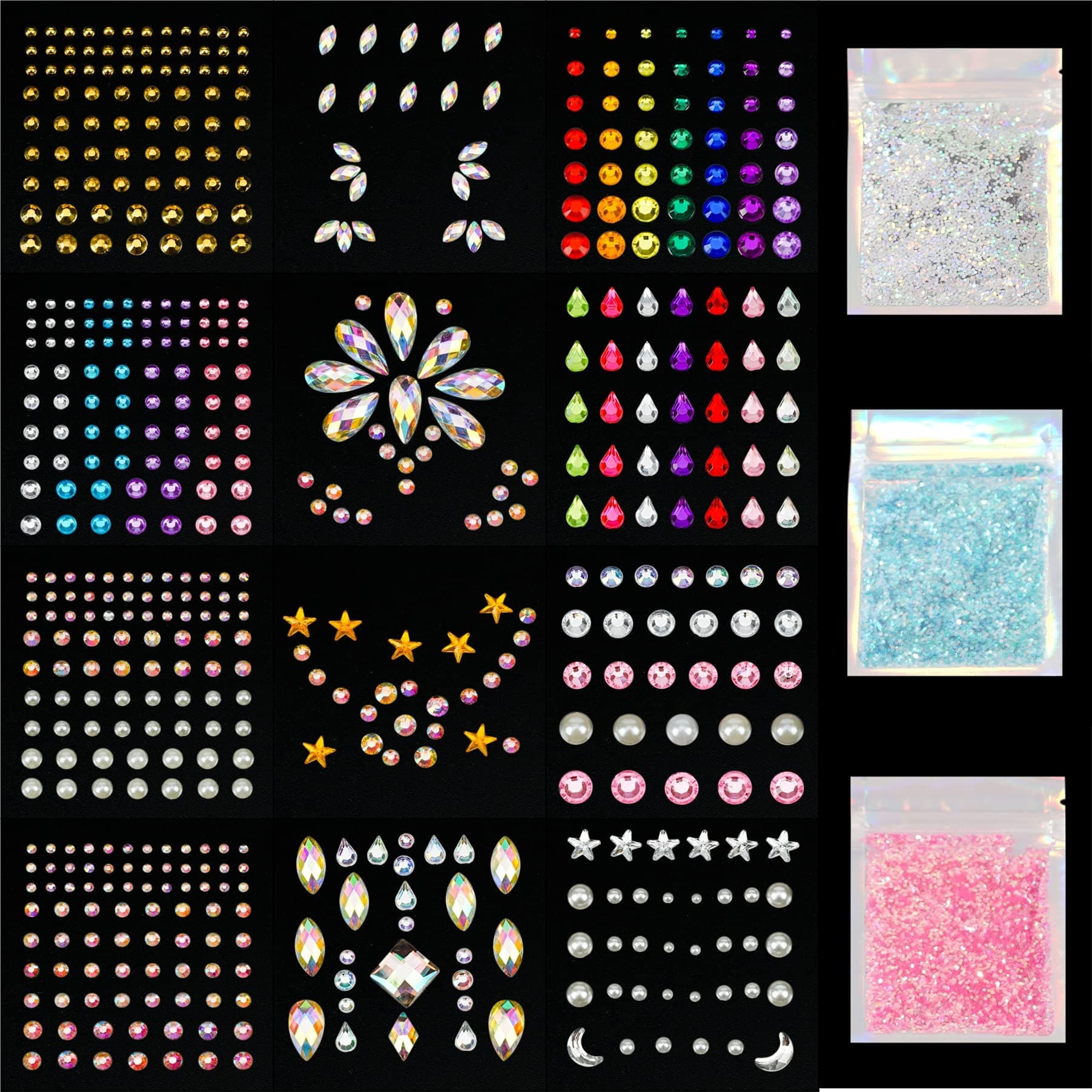 12 Sheets Face Jewels Rhinestones Crystal Stickers, 15g Chunky and Fine Mix Glitter, Eye Face Body Rave Outfits Clothes for Women, Mermaid Makeup Gems Rave Festival Accessories