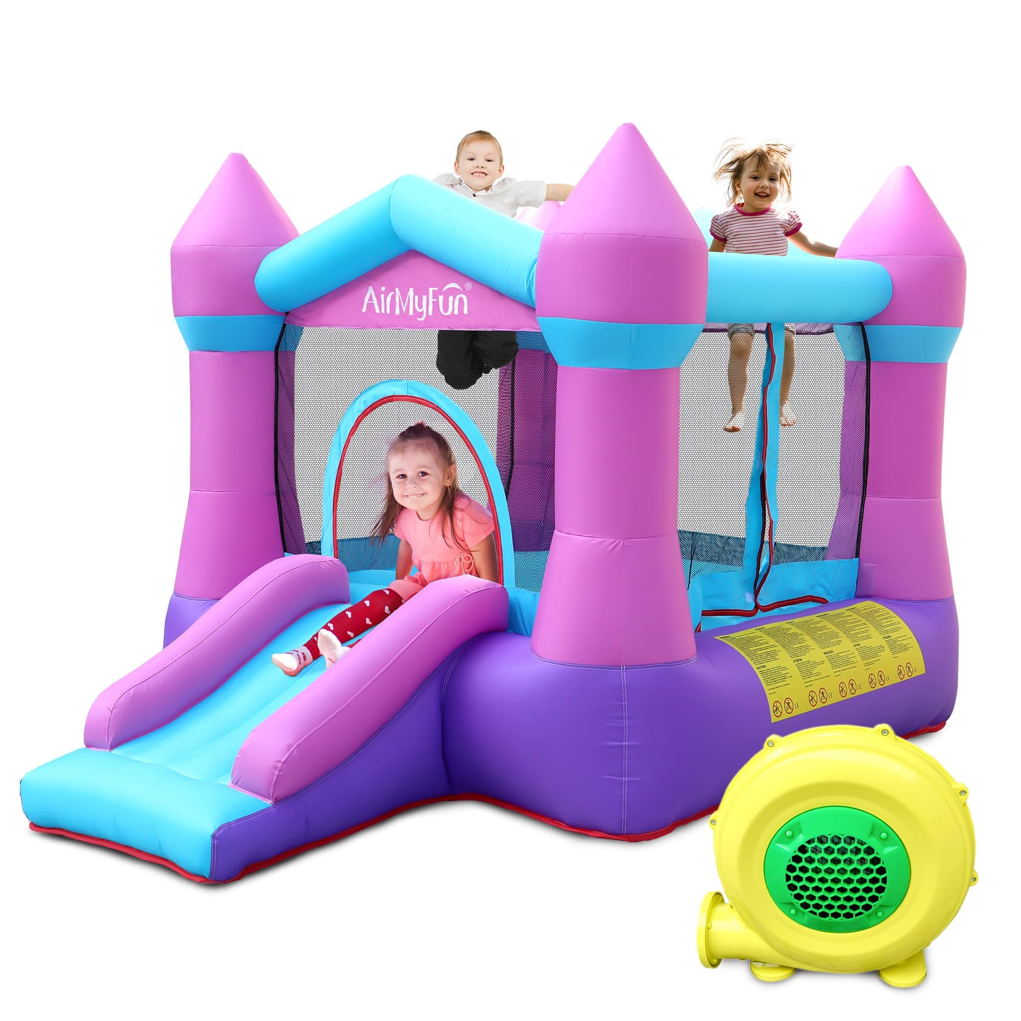 AirMyFun Inflatable Bouncer Jumping Castle - Bounce House with Slide and Safe Velcro Entrance Including 350W Blower, Bouncer Stakes, Carry Bag Indoor/Outdoor Bouncer with Double Sewn Beams, 82011B