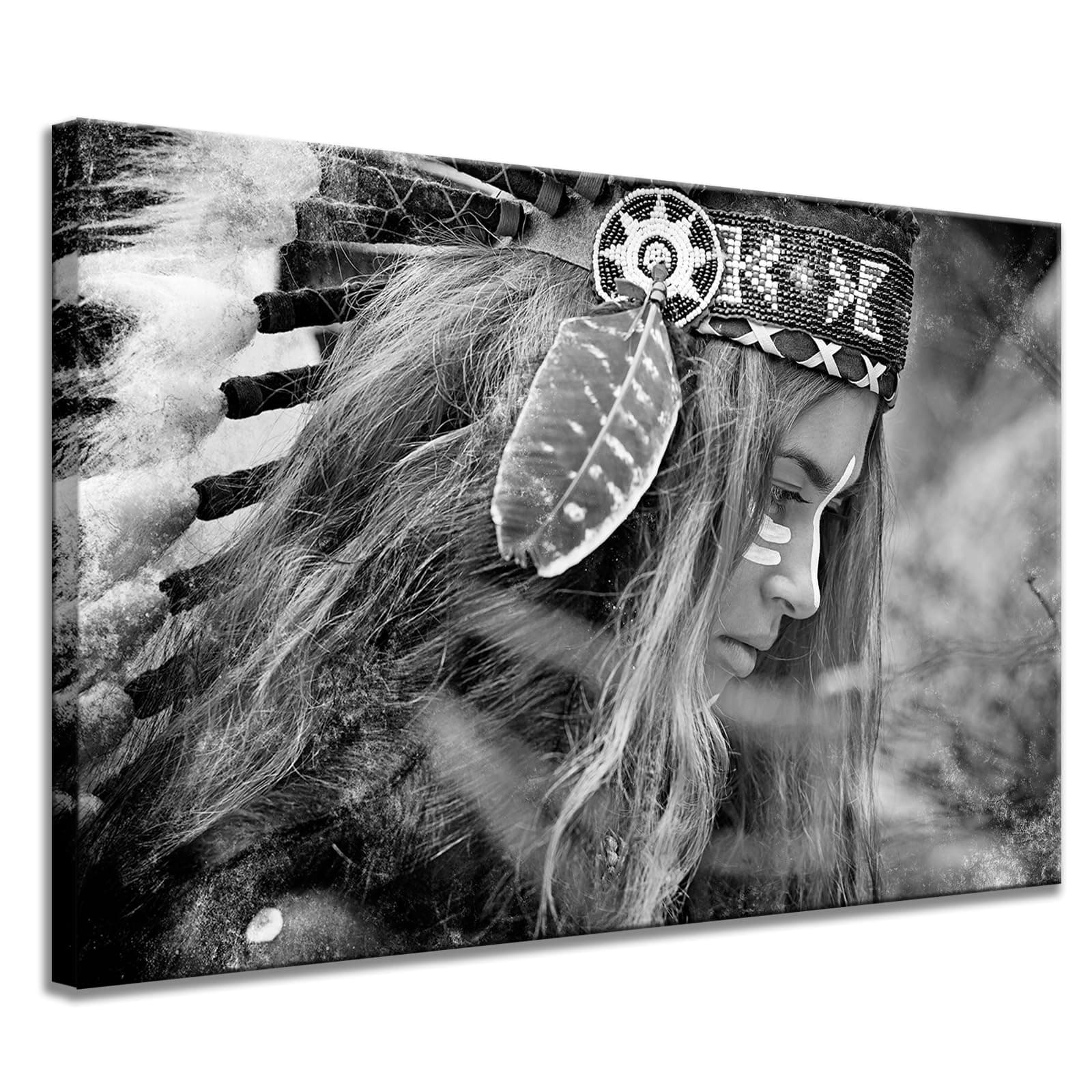 Hello Artwork - Black And White Portrait Canvas Wall Art Indian Women Hunter Native American Girl Feathered Picture On Canvas Stretched And Framed For Home Wall Decor Ready To Hang 24"x36"