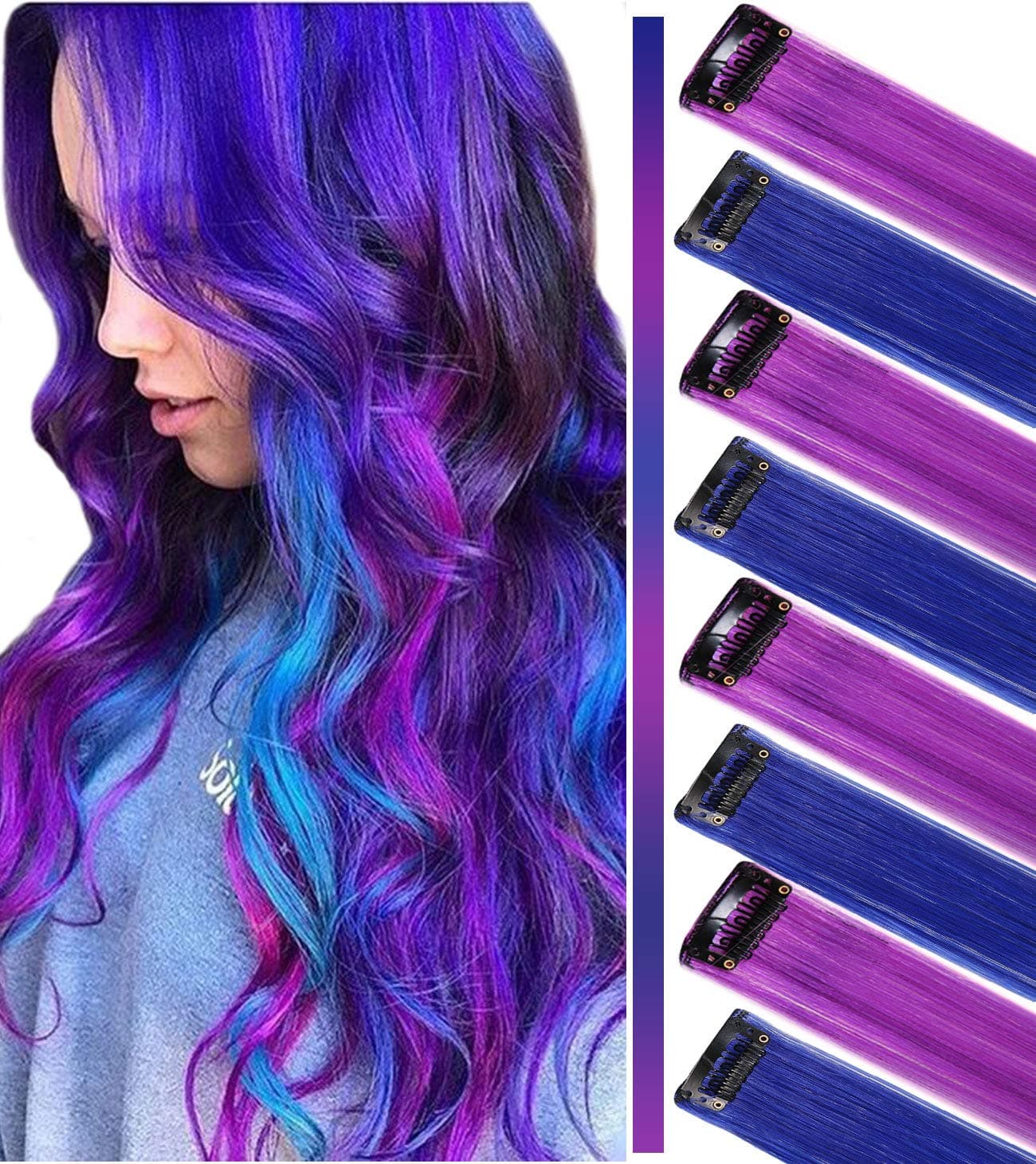 8PCS Princess Party Highlight Clip in Colored Hair Extension Costumes Wig for Girls(Purple Blue)