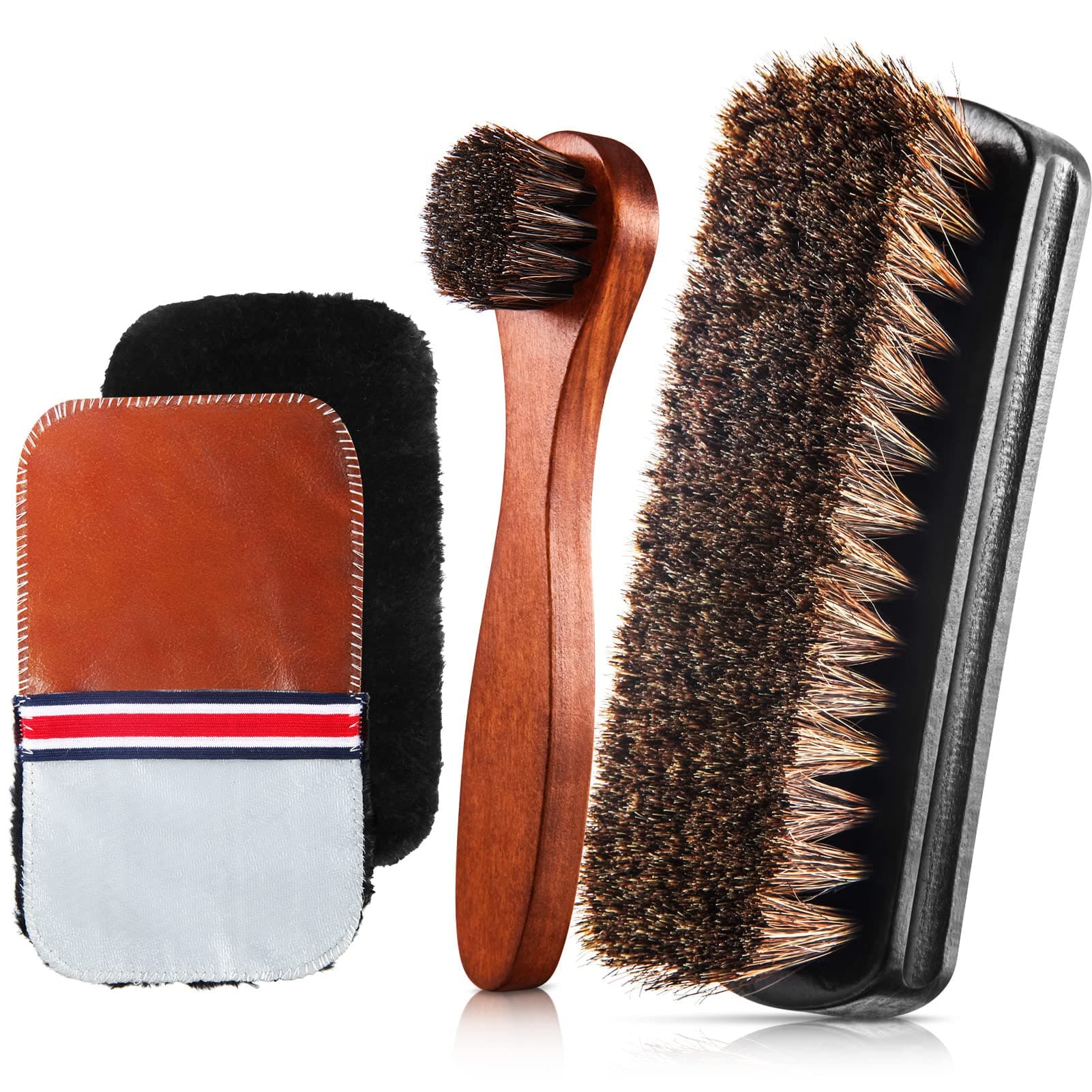 馬毛シャインシューズブラシキット ポリッシュドーバー アプリケーター クリーニング レザーシューズ ブーツ ケアブラシ スエードクリーナーブラシ マイクロファイバーシューズグローブ付き 4個 (スタイルD) 4点。