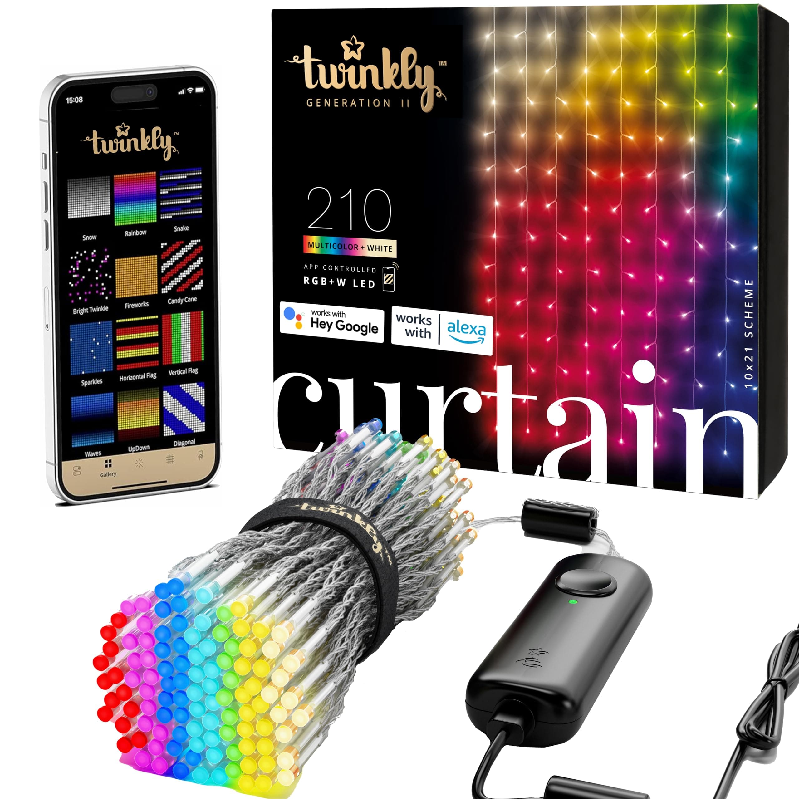 Christmas Curtain Lights 210 RGB+W LEDs - App-Controlled, Sync with Music, Indoor & Outdoor Use, Compatible with Google Assistant, Amazon Alexa, Apple HomeKit, Bluetooth & WiFi Connectivity