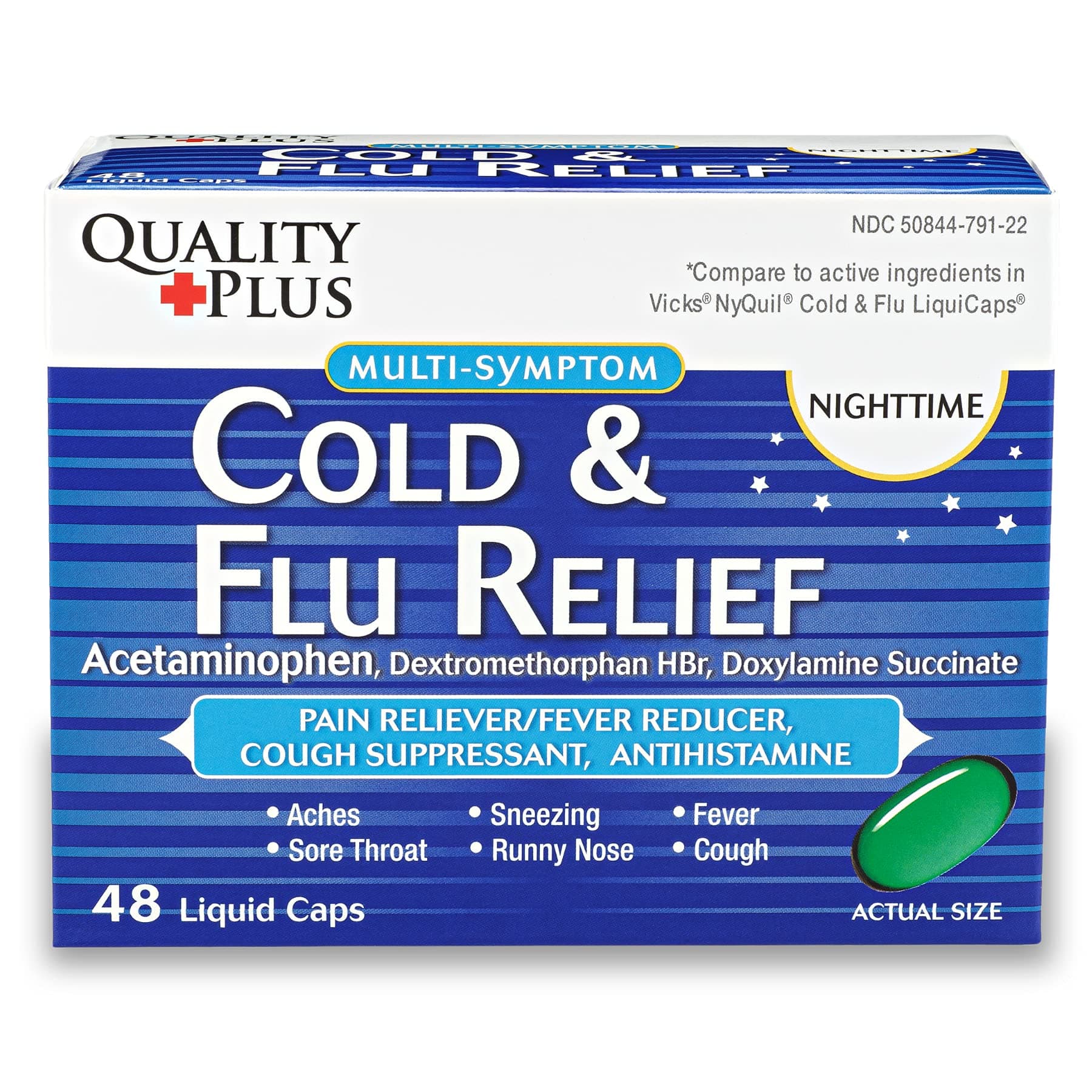 Quality Plus Cold and Flu Relief | Nighttime Pain Reliever, Fever Reducer, Cough Suppressant | Sore Throat, Runny Nose, Sneezing & Aches | 48 Liquid Caps 48 Count (Pack of 1)