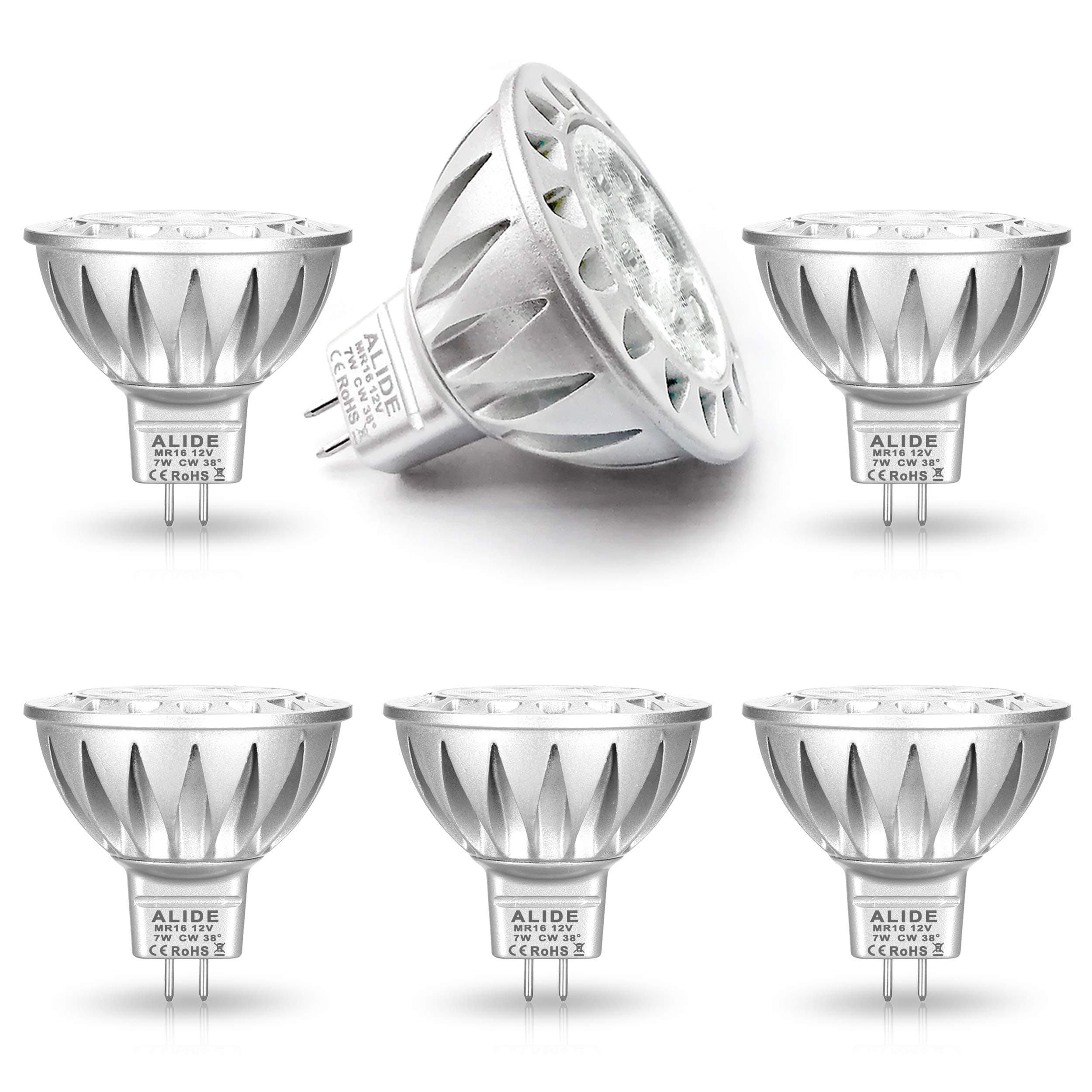 MR16 Led Bulbs GU5.3 7W 6000K Daylight Cool Bright White,50W-75W Halogen Equivalent,12V MR16 Bulb Spotlight for Kitchen Home Track Ceil Recessed Accent Lighting,Not Dimmable,38 Deg,6 Pack