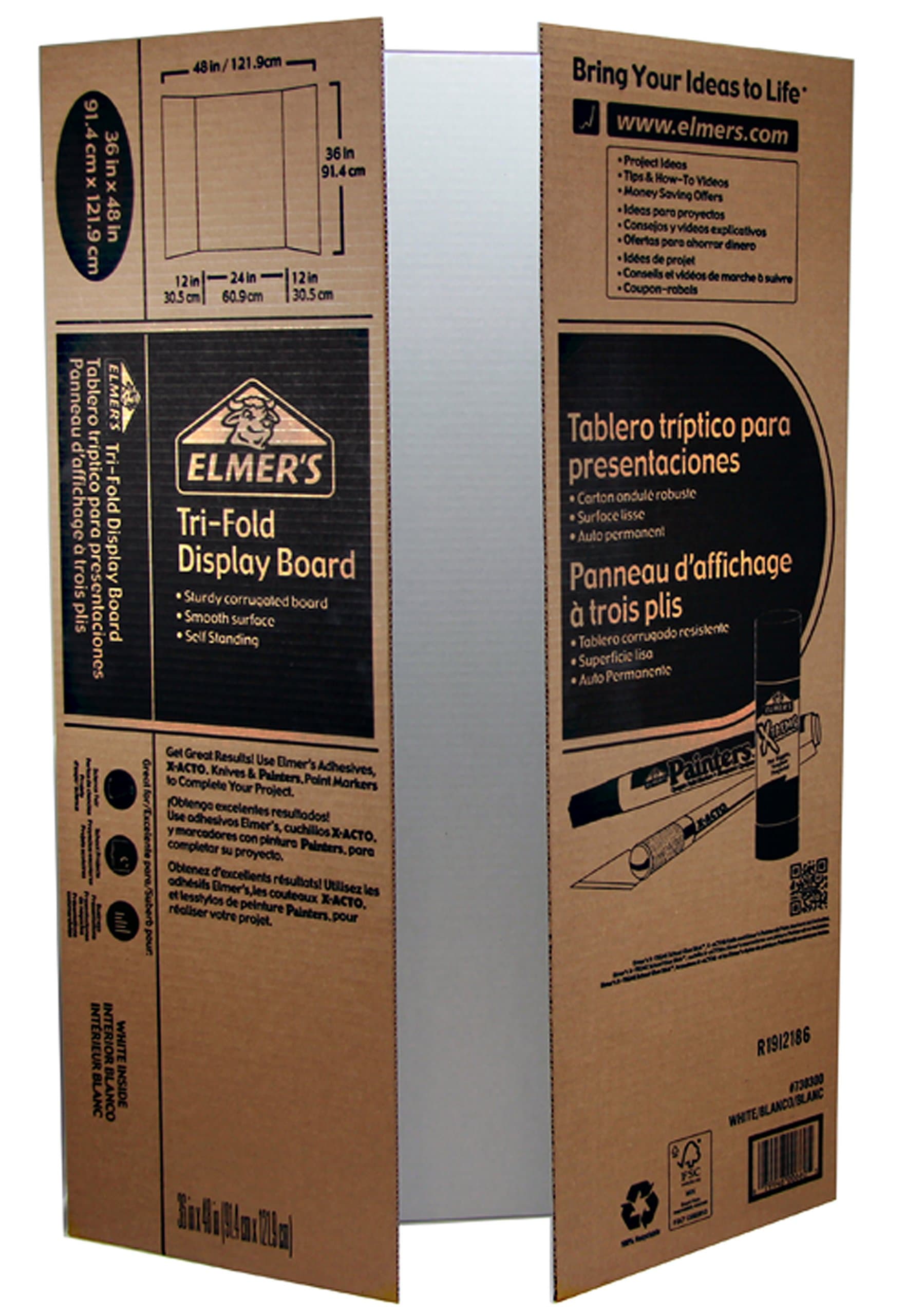 Elmer's Tri-Fold Corrugated Display Board, 36 x 48 Inches, White