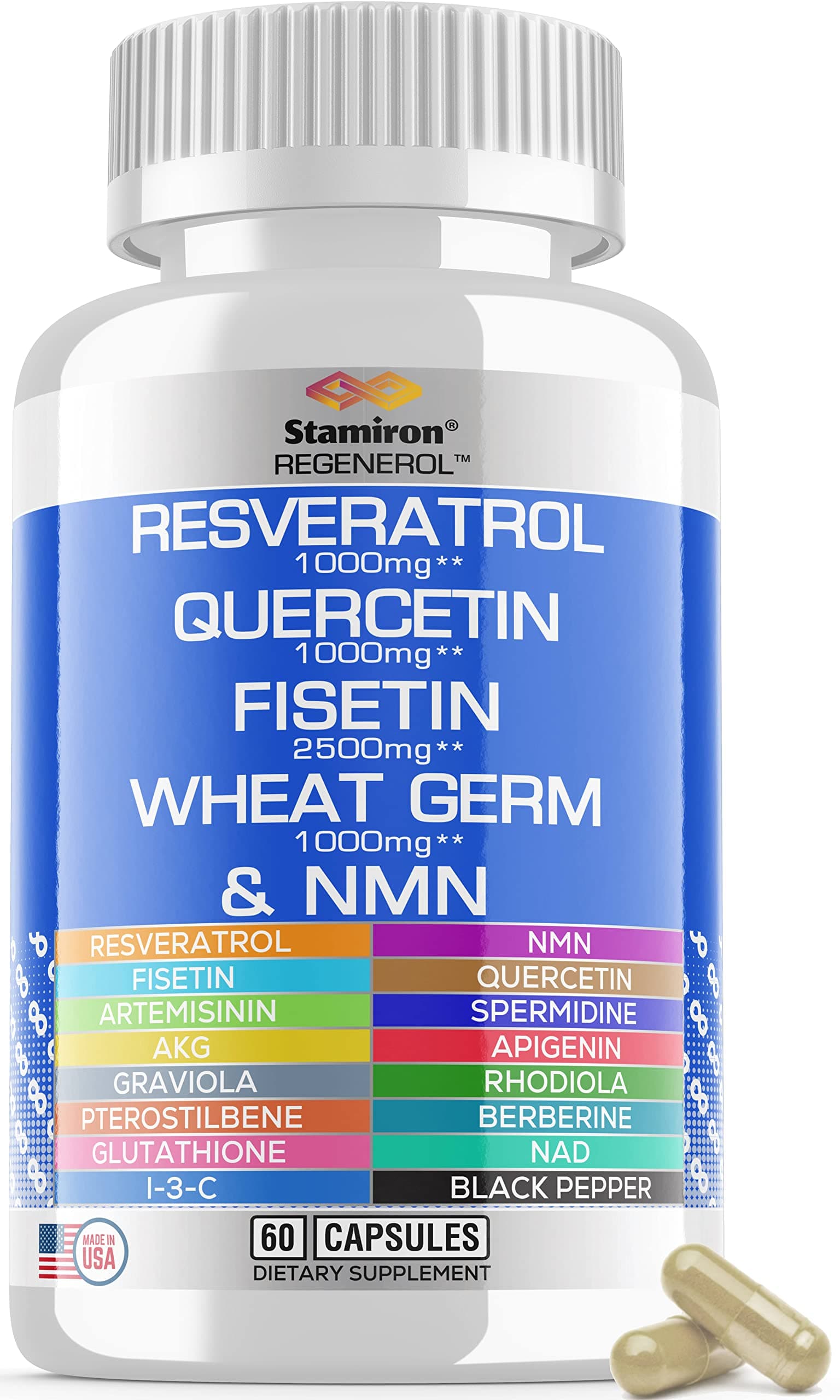 Resveratrol 1000mg Fisetin 2500mg Quercetin 1000mg Spermidine Wheat Germ 1000mg Supplement with Collagen, Glutathione, Berberine, NAD, Rhodiola, AKG, Apigenin, Graviola I3C Turmeric - Made in USA