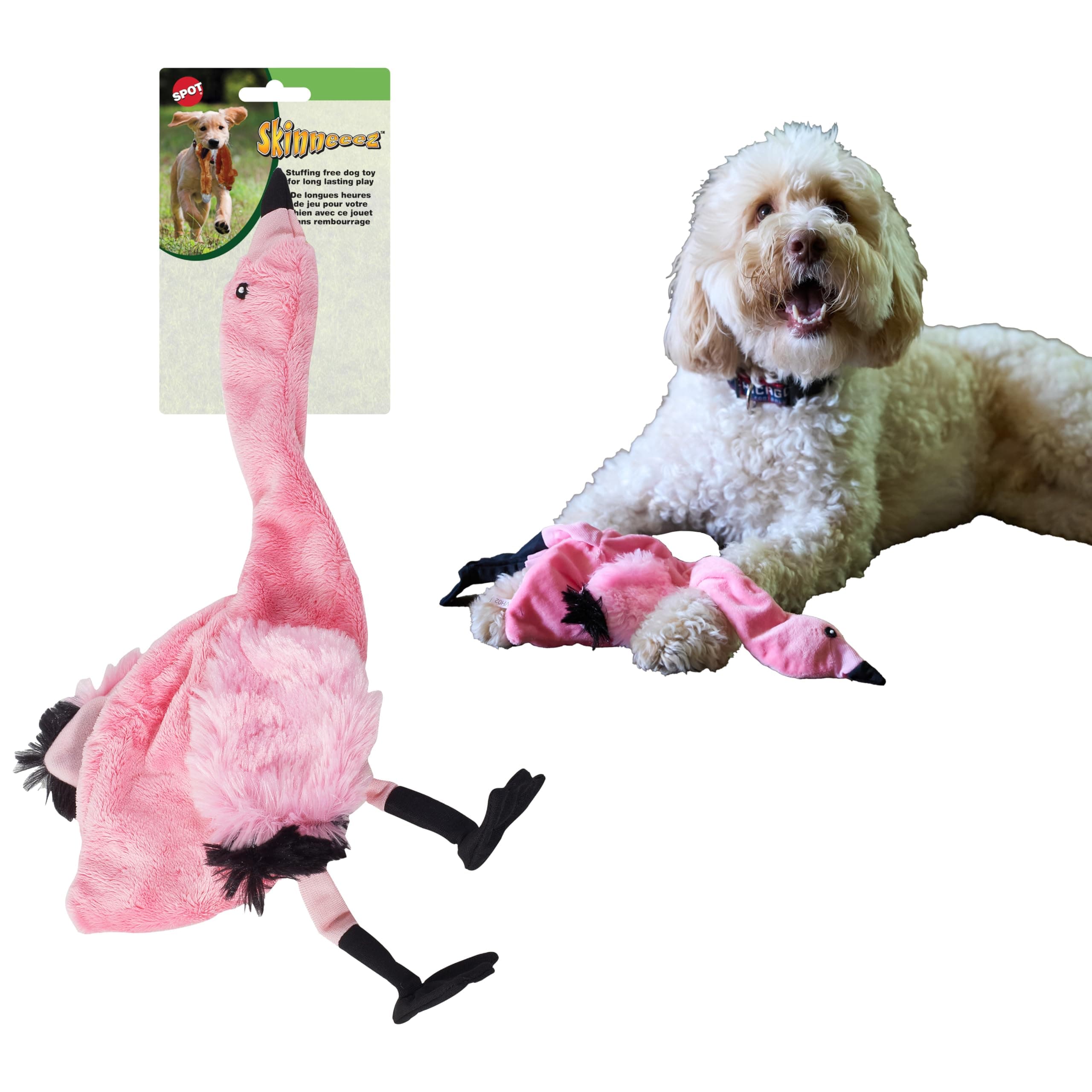 Skinneeez Flamingo 19 Inch Stuffing-Free Plush Dog Toy with Dual Squeakers – Long Interactive Chew Toy for Medium and Large Dogs – Mess-Free Play for Light & Moderate Chewers