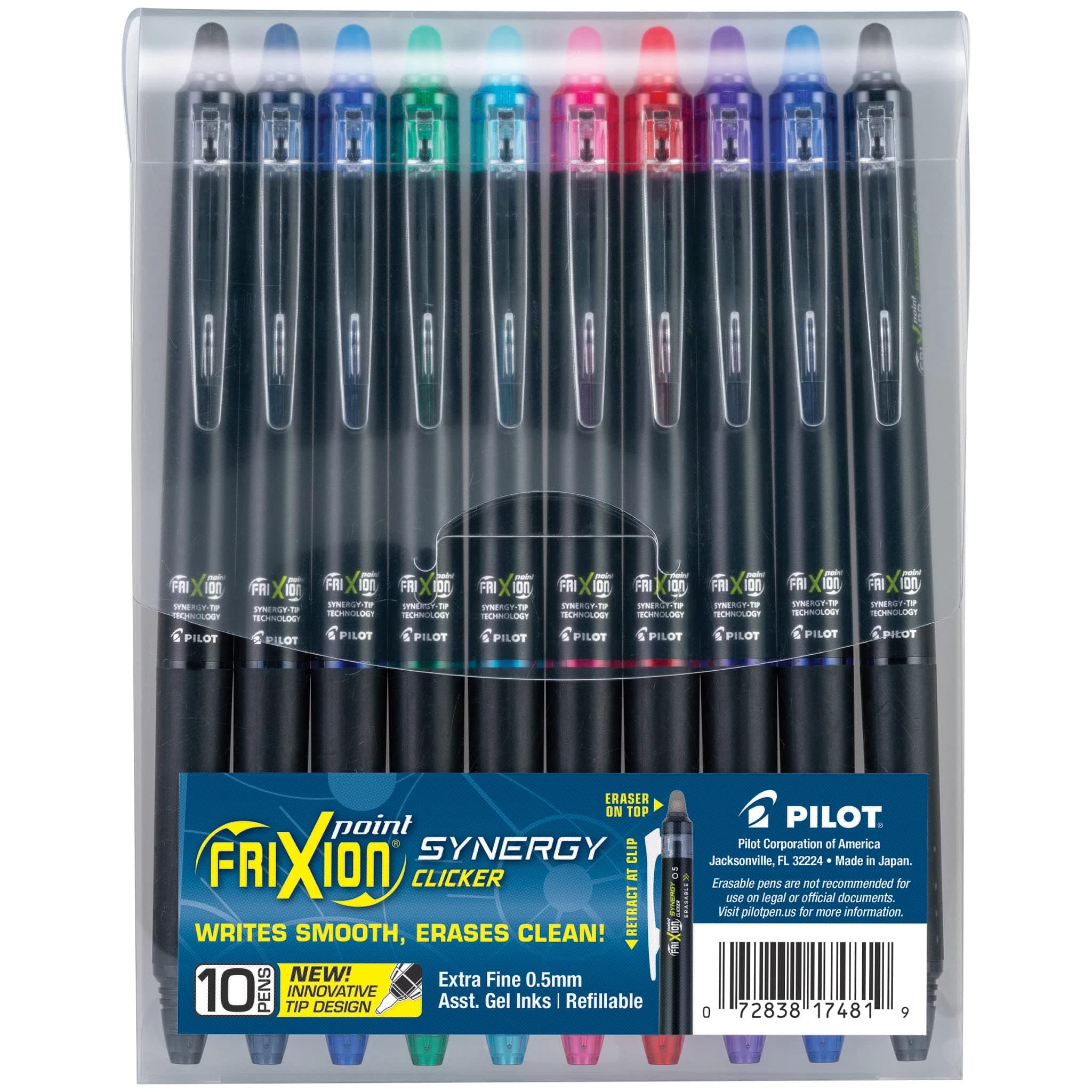 FriXion Synergy Clicker Erasable, Refillable & Retractable Gel Ink Pens, Extra Fine Point, Assorted Ink Colors, 10-Pack (17481)