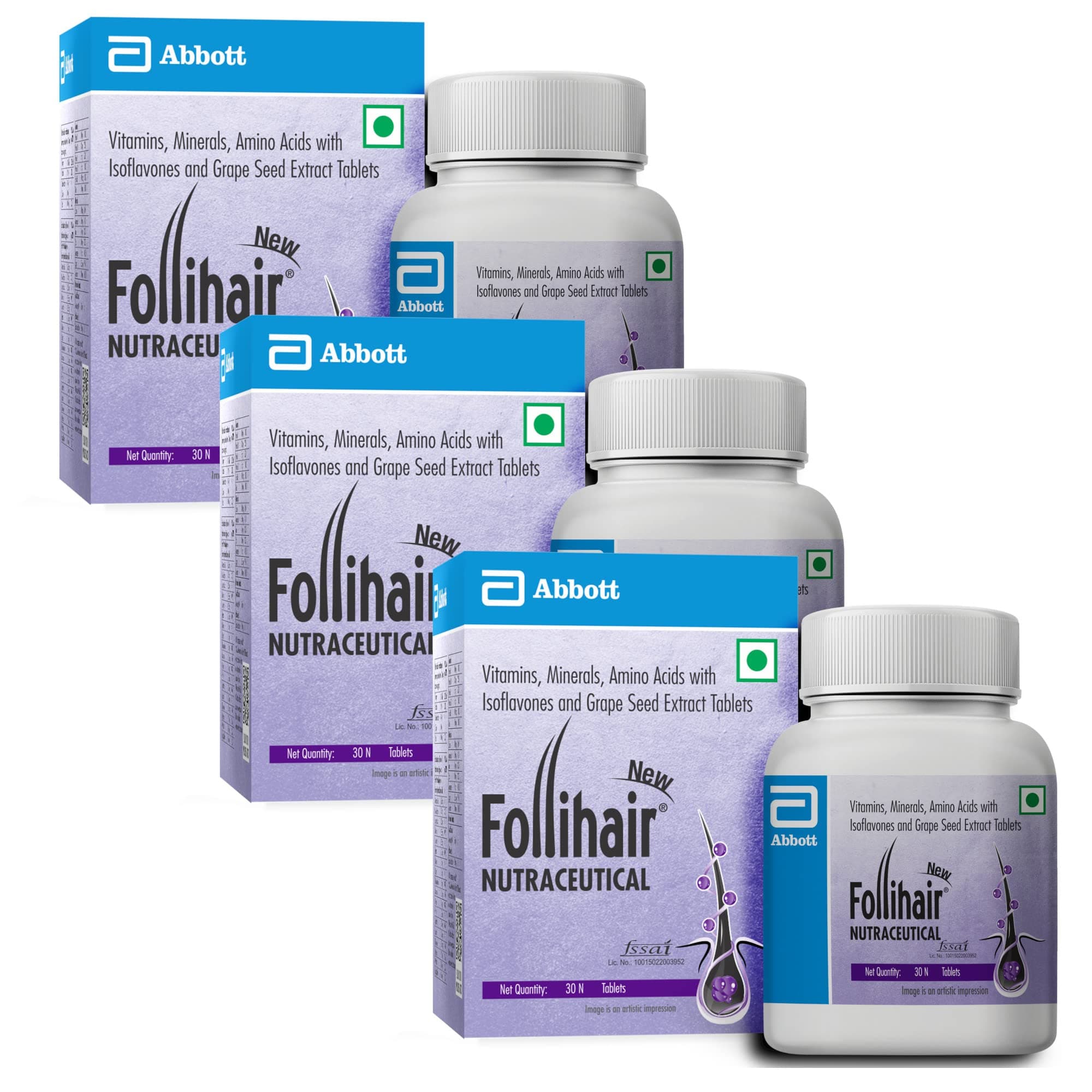 Follihair New by Abbott | 30s Per Bottle (Pack of 3):: Total 90 Capsules :: 3 Months
