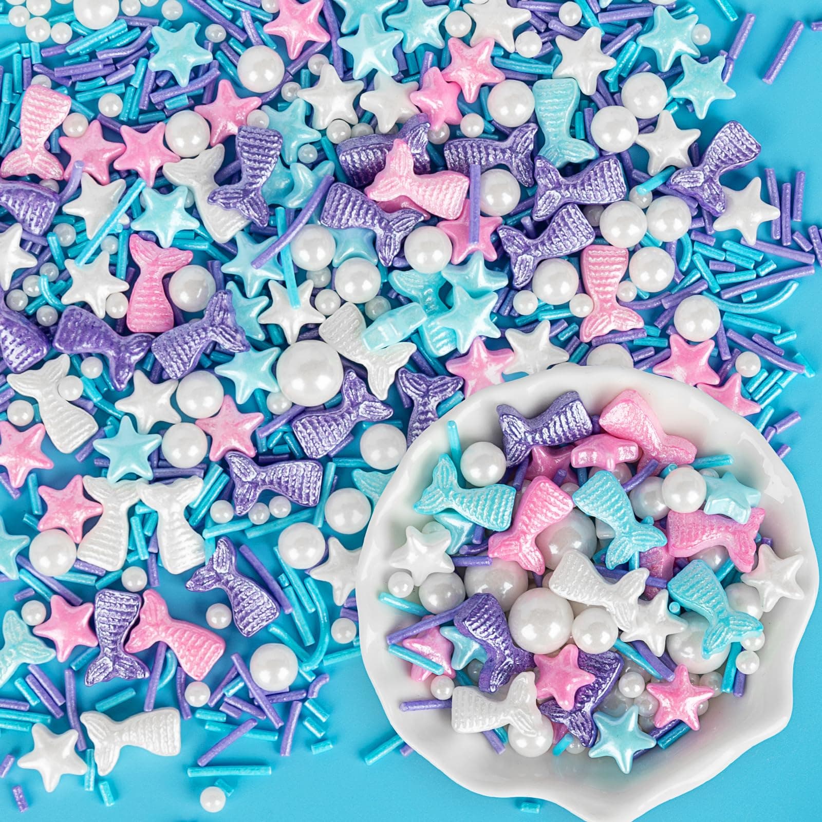 Mermaid Sprinkles,Edible Sugar Pearl Stars Jimmies Mix,130g/4.58oz,Pearl Candy Ocean Sprinkle for Cake Decorating,Summer Baking Fun Decorations,Perfect for Ice Cream,Cookies,Dessert,Donuts,Cupcake Topper,Birthday Children Party Supplies