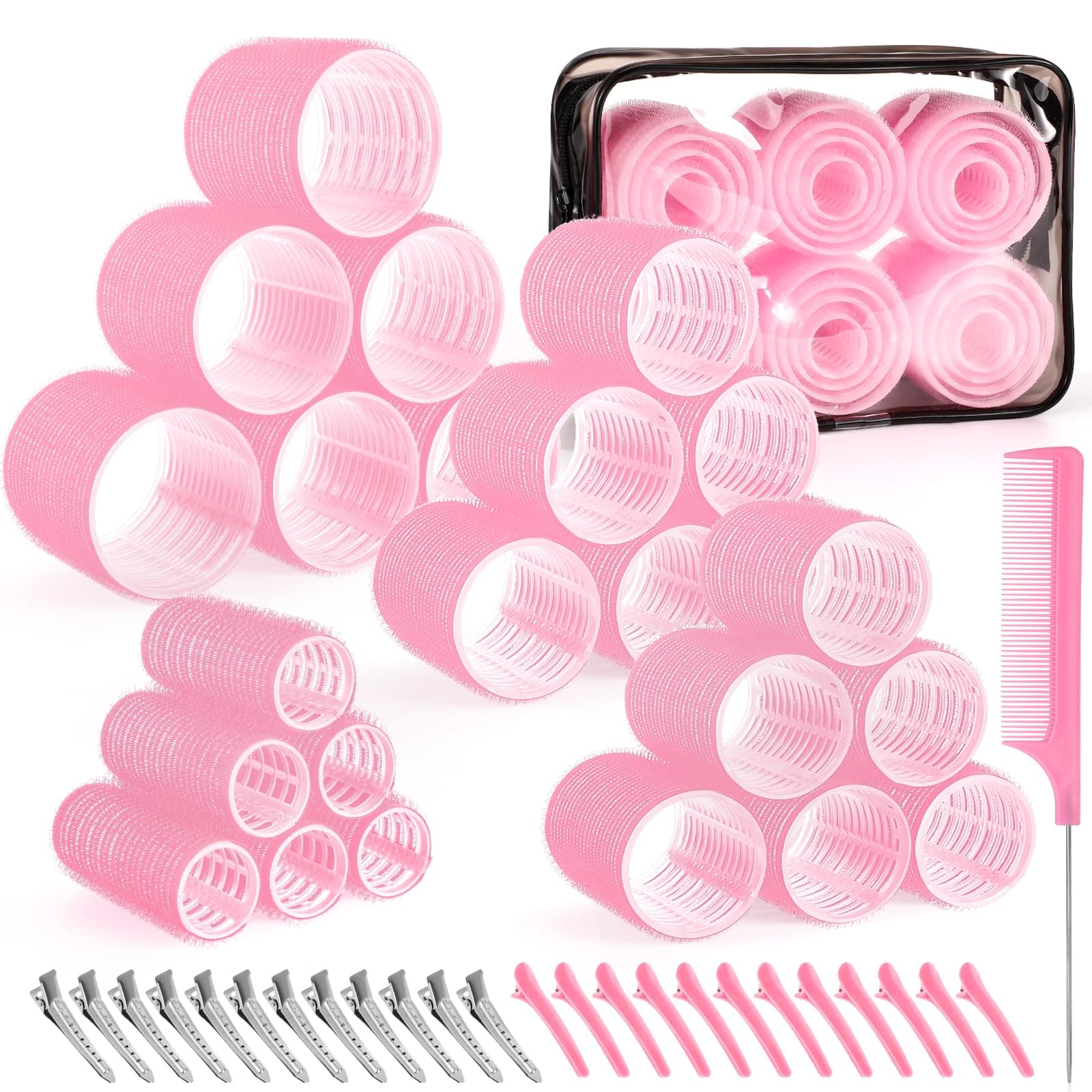 4 Sizes Self-Grip Hair Rollers Set for Long, Short Hair and Bangs - 50 Pcs with Clips (25mm, 36mm, 48mm, 60mm), Pink