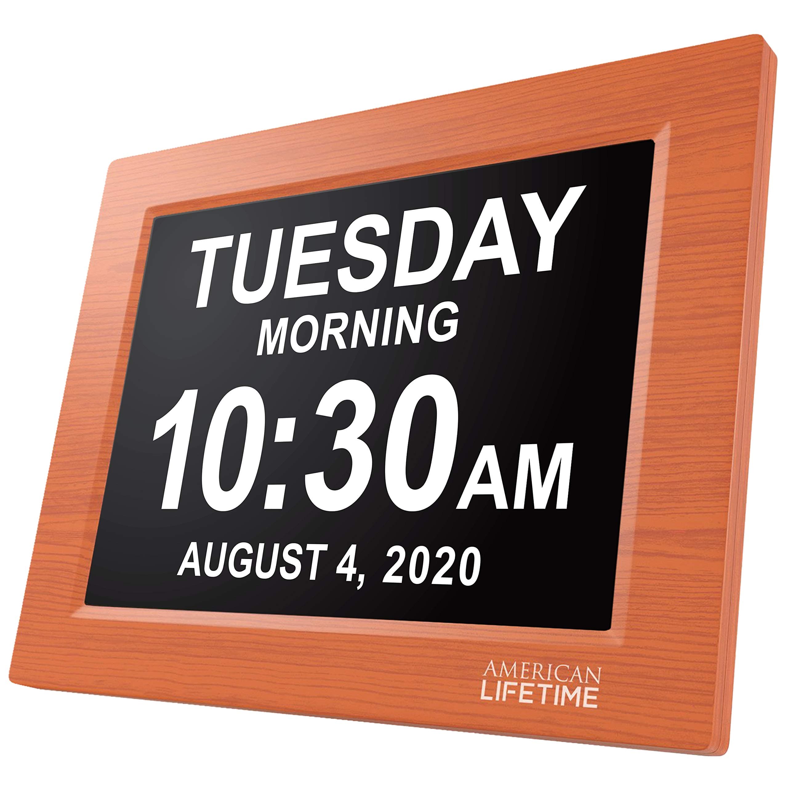 American Lifetime [Newest Version] Day Clock - Extra Large Impaired Vision Digital Clock with Battery Backup & 5 Alarm Options (Brown Wood)