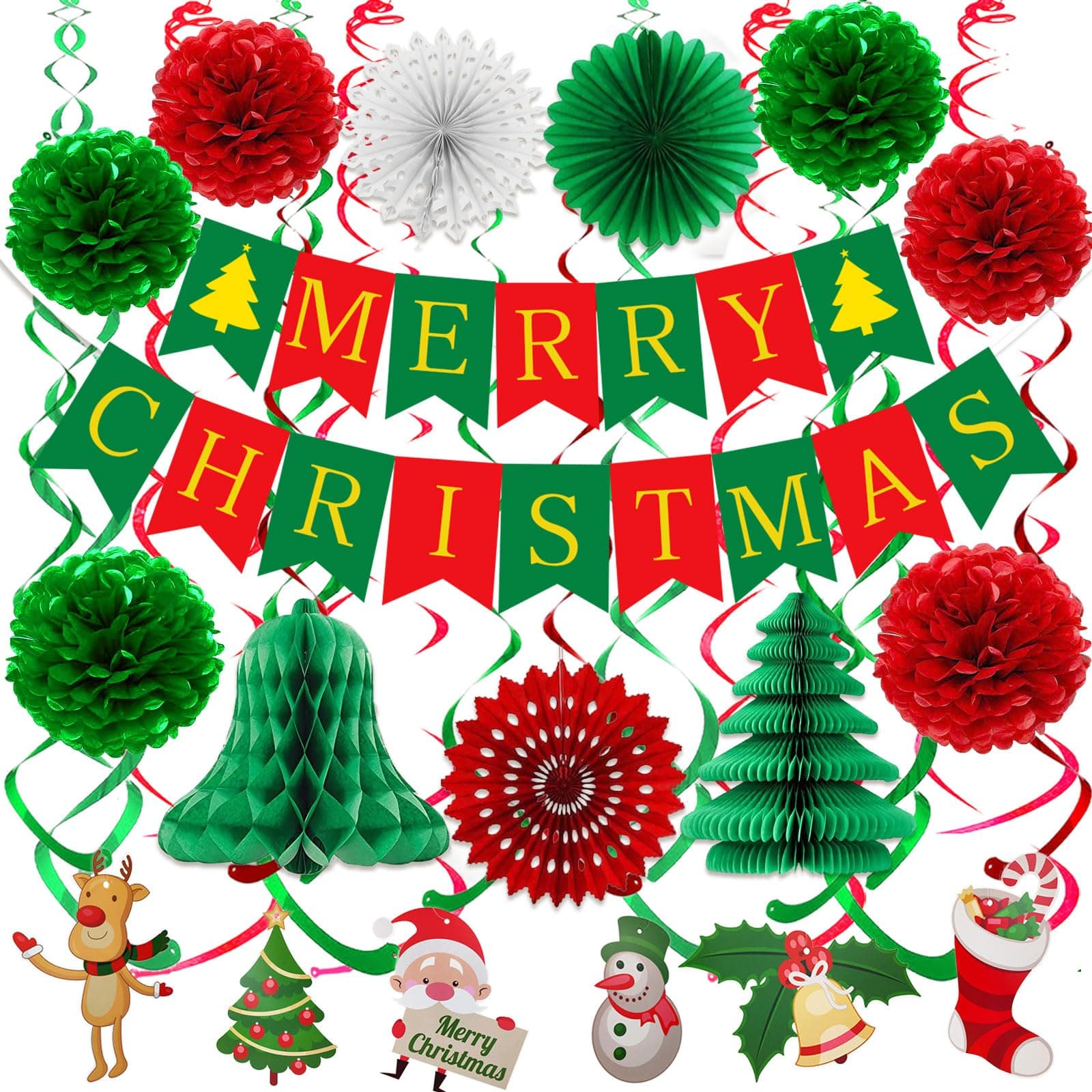 DIRTY 30,MERRY CHRISTMAS Banner With Swirl Streamers Pom poms Paper Christmas trees Santa Claus for Christmas Party Decorations