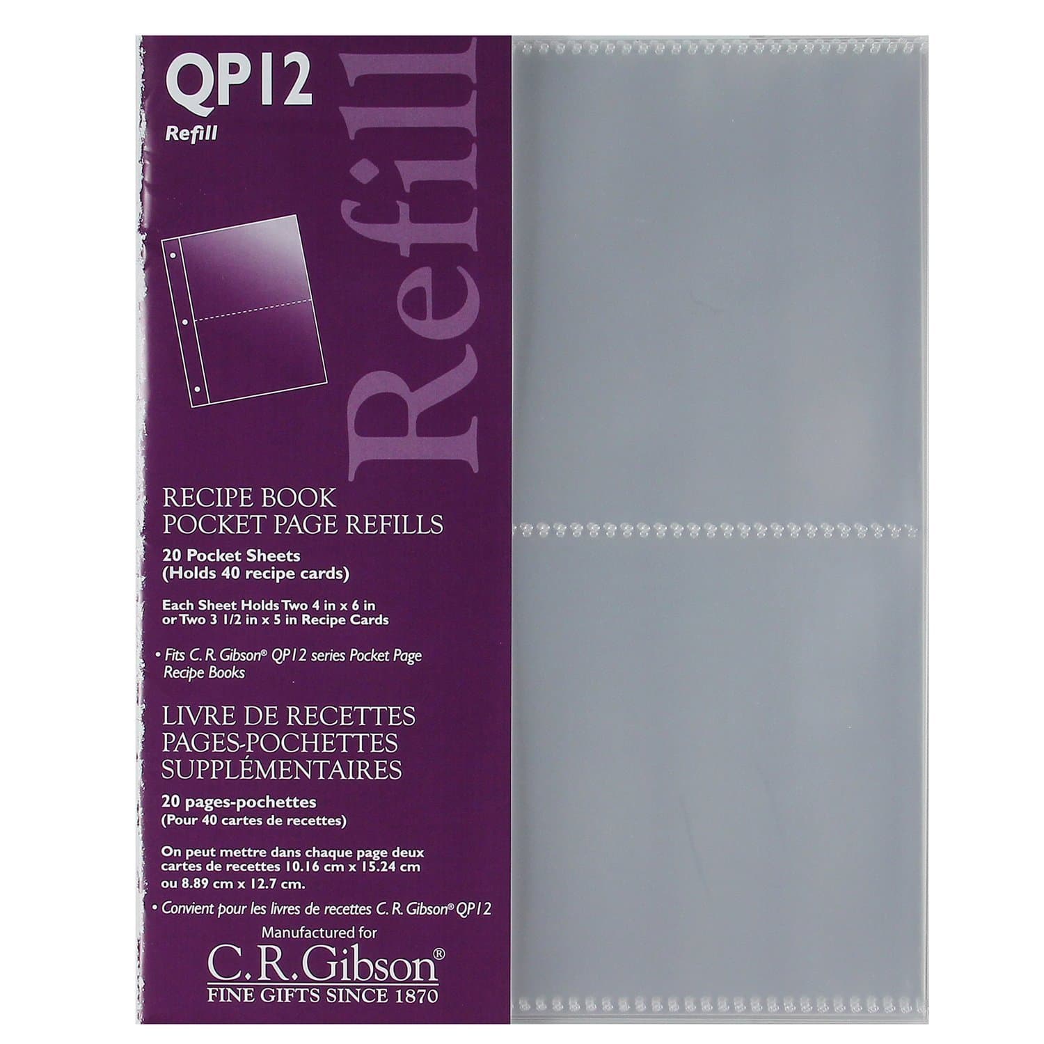 C.R. Gibson CR QP-12 Small Recipe Book Pocket Page Refill 20 sheets