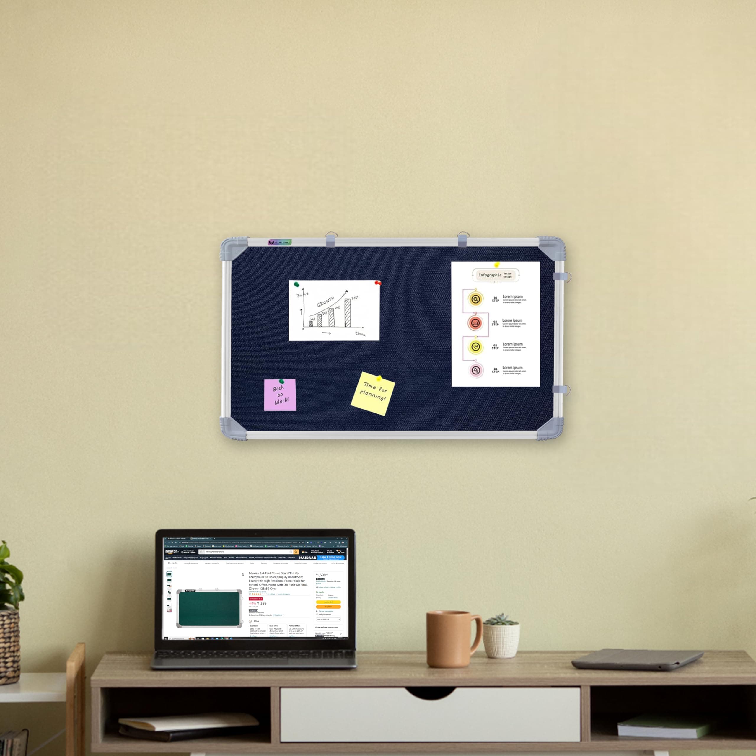 Eduway 1x2 Feet Small Pin Up Board/Notice Board/Bulletin Board/Soft Board/Display Board with High Resilience Foam Fabric for School, Office, Home with (20 Push Up Pins) (Blue- 59x29 Cms).