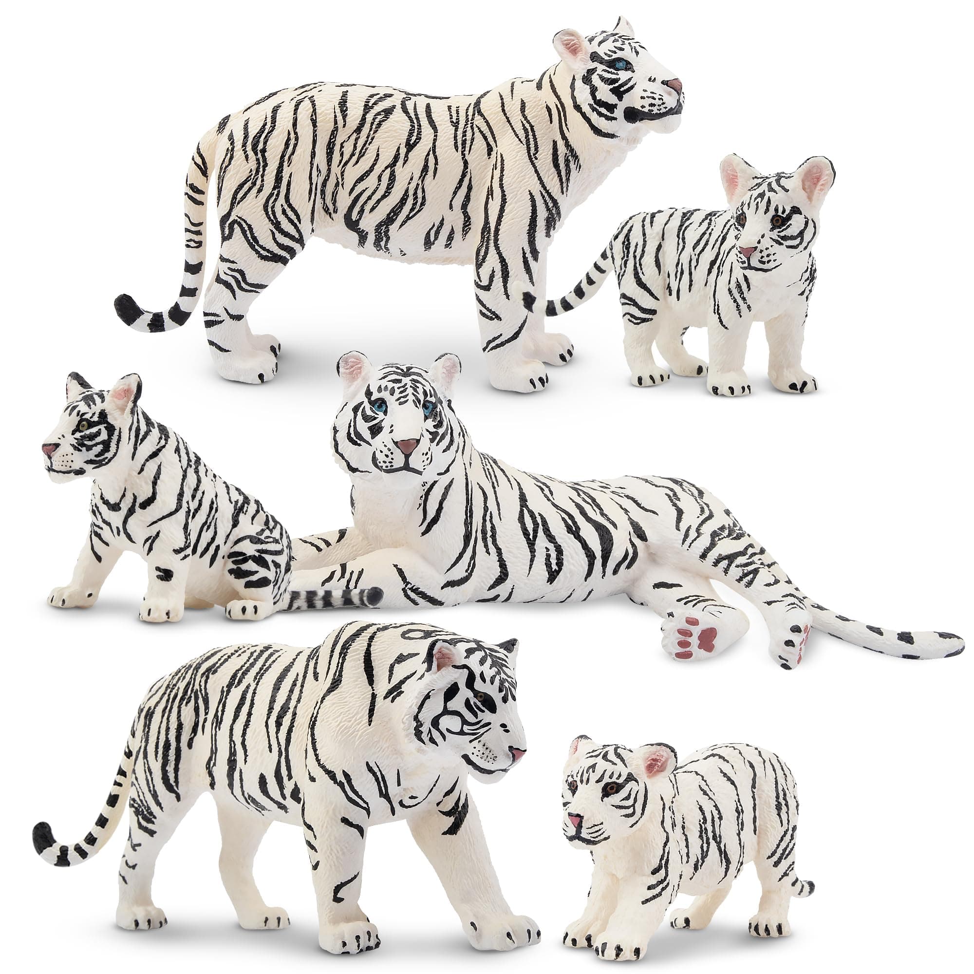 6PCS Realistic White Tigers Figurines with Tiger Cubs, 2-6" Jungle Animals Figures Family Set Includes Baby Tigers, Educational Toy Cake Toppers Christmas Birthday Gift for Kids Toddlers