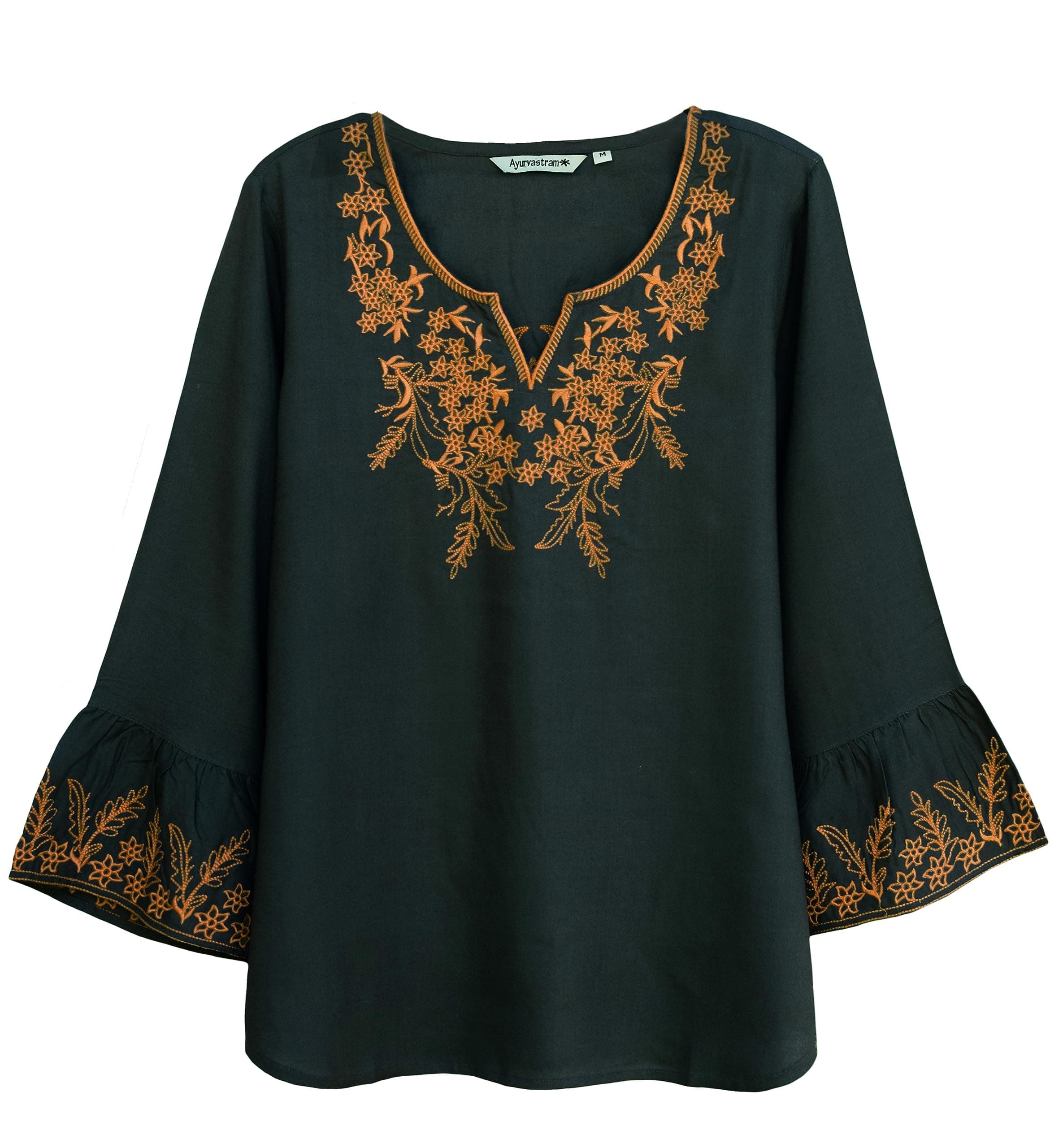 AyurvastramTia Viscose Rayon Embroidered, Bell Sleeves Tunic Top Bouse