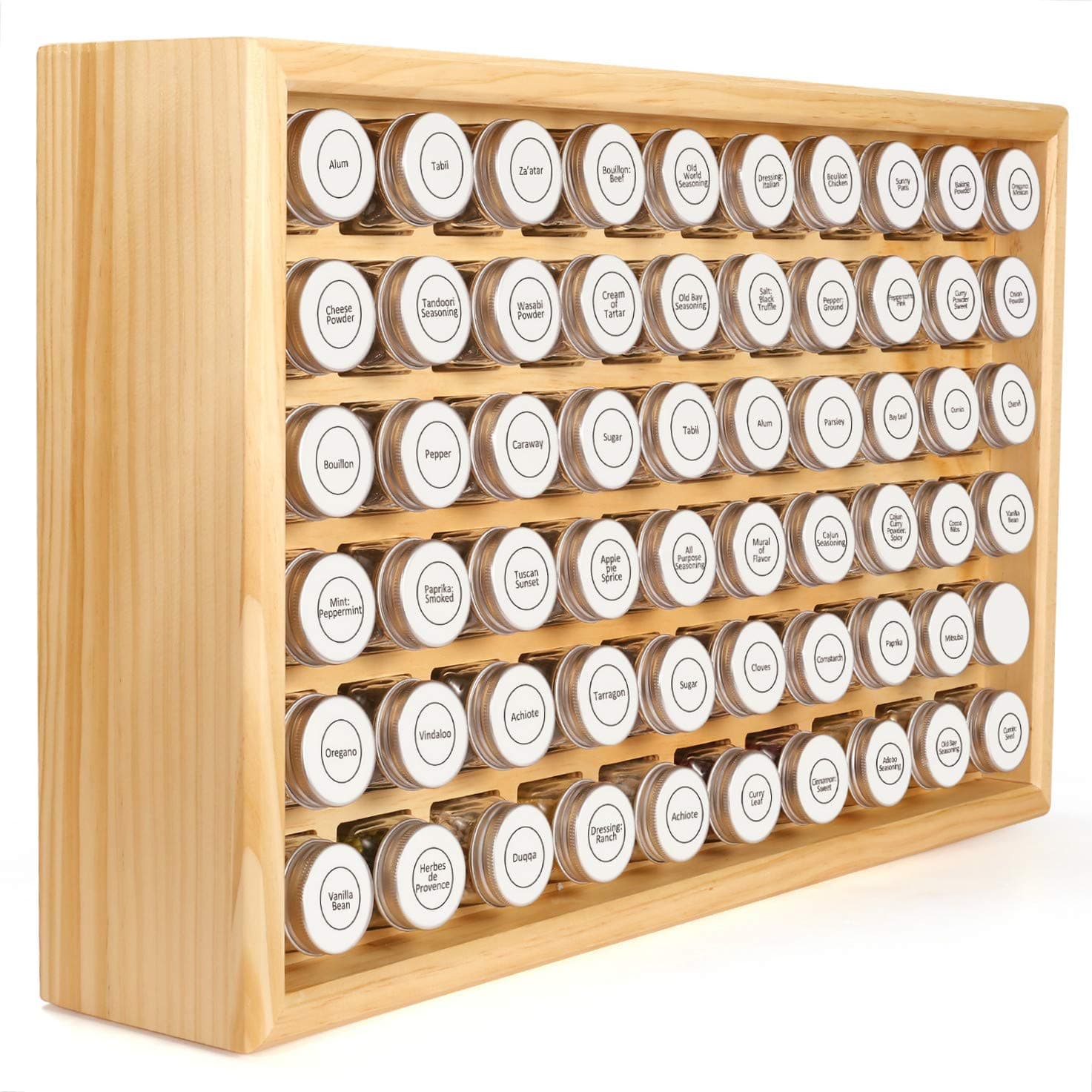 100% Solid Wood Spice Rack, Includes 60 4oz Clear Glass Jars,315 Pre-Printed Labels.Fully Assembled (Beige, 60 Jar)