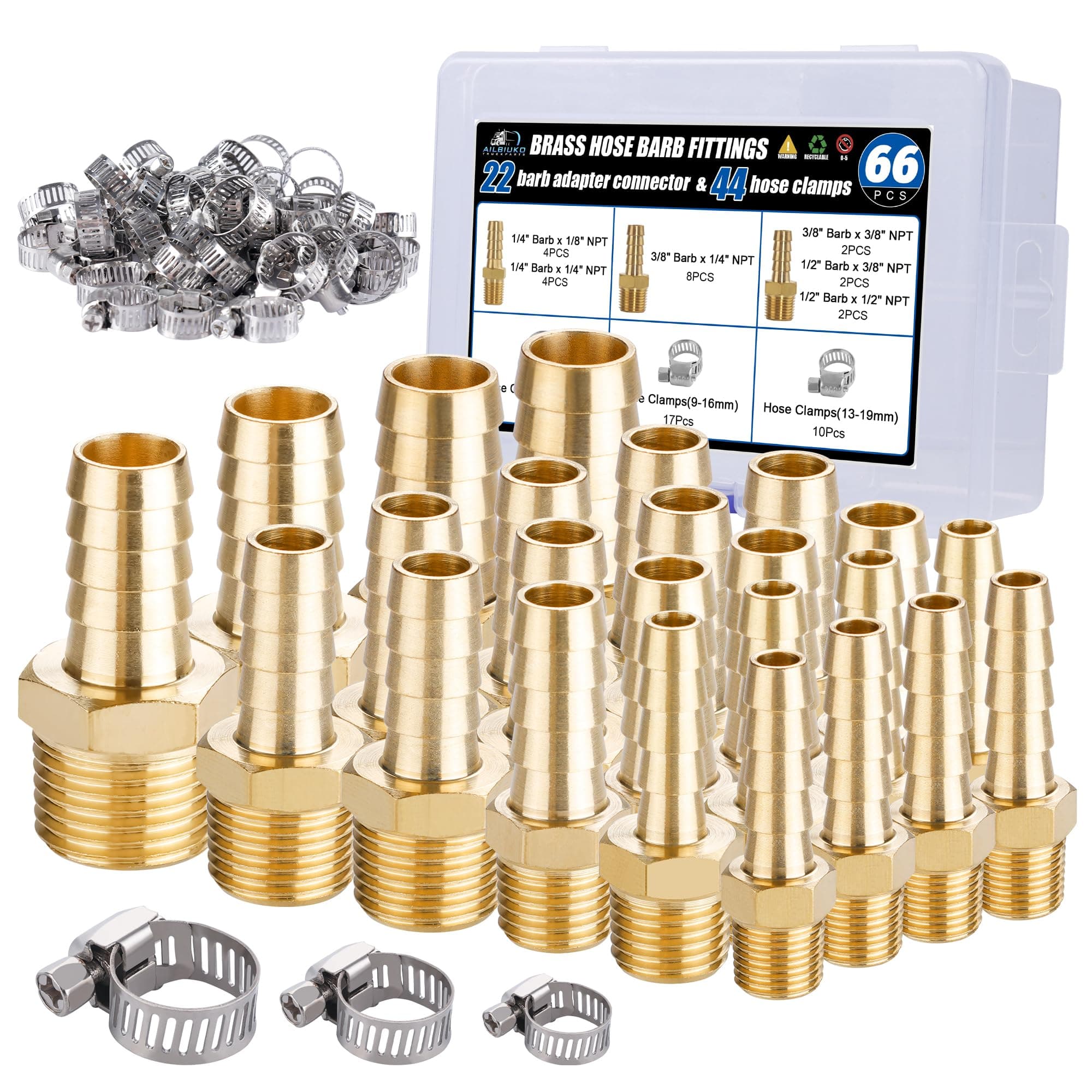 22Pcs Brass Hose Fittings, 3/8" Barb to 1/4" NPT, 1/4" Barb to 1/4" NPT Male, 1/8" 1/4" 3/8" 1/2" Barbed Air Hose Kit with 44Pcs Pipe Hose Clamps