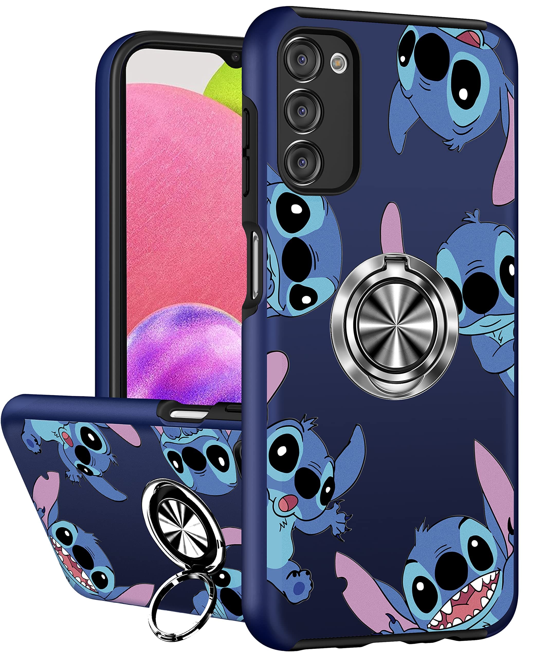 JoyleopCute Case for Samsung Galaxy A03S Cartoon Funny Print Phone Cover for Girls Kids Pretty Girly with Ring Holder Stand Magnetic Kickstand Military Grade for Galaxy A03S 6.5",Stit