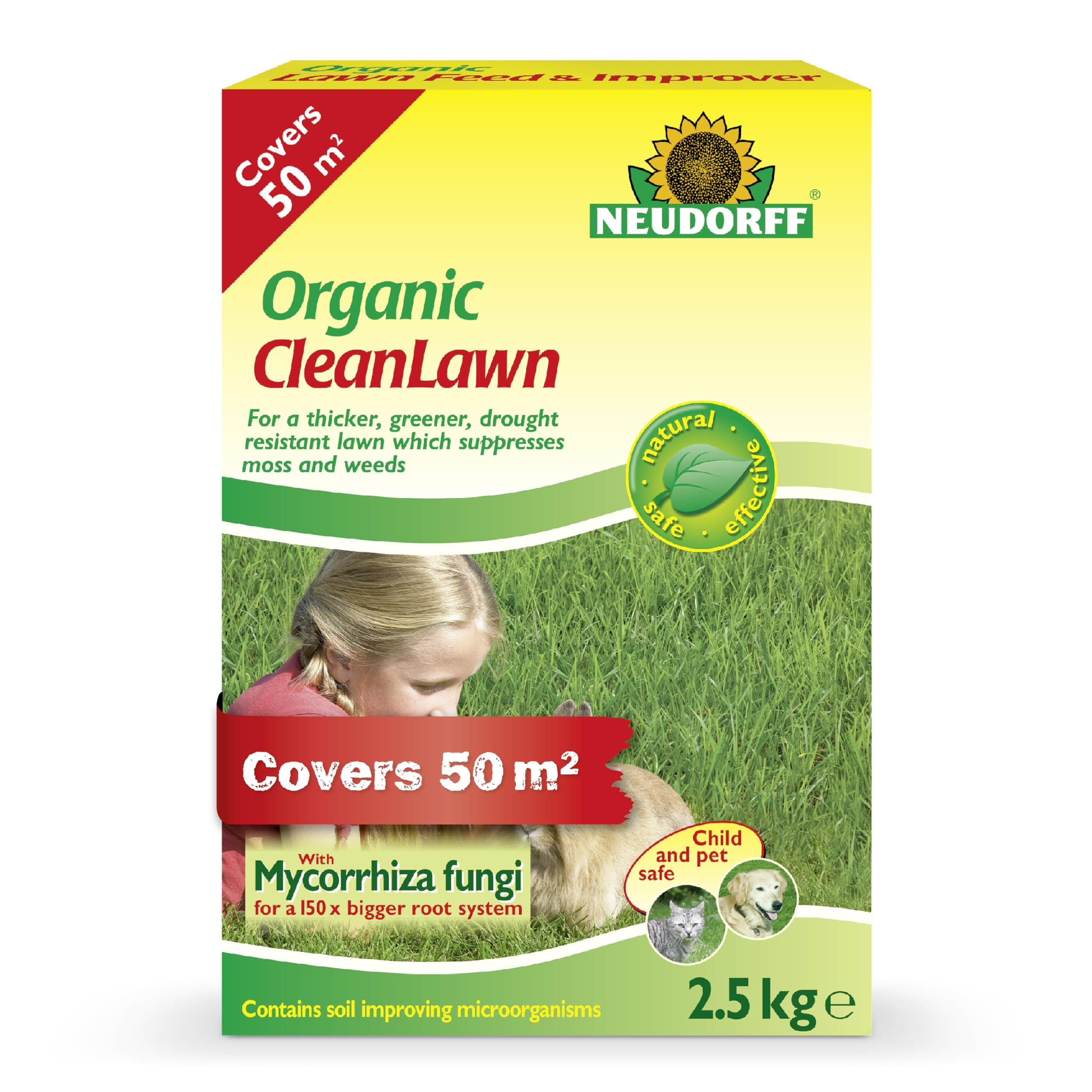 Neudorff Organic CleanLawn – Lawn fertiliser for a thicker, greener, drought resistant lawn which suppresses moss and weeds, 2.5 kg for 50 m²
