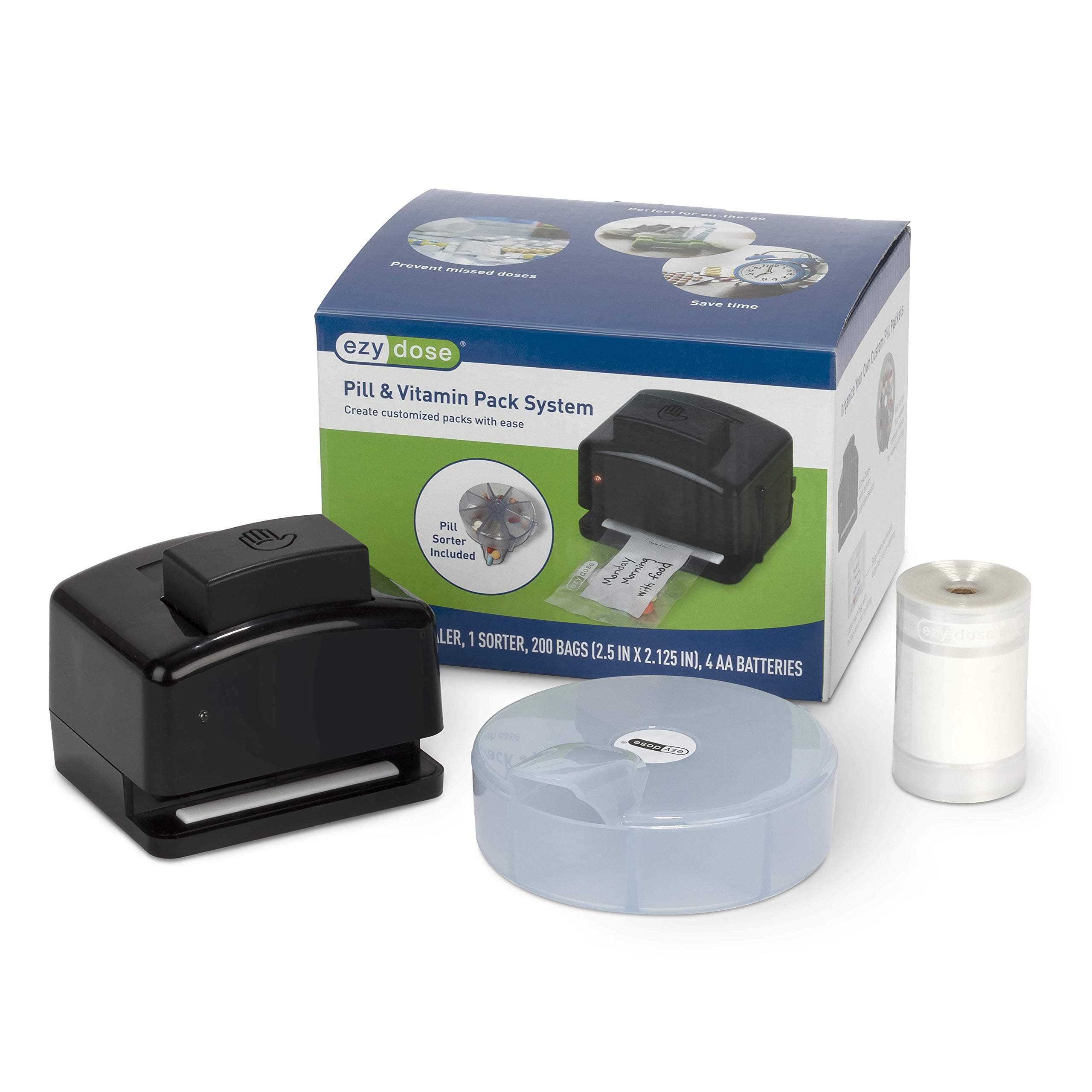 Ezy Dose Pill Suite Weekly (7-Day) Pill Organizer, Vitamin and Medicine Packaging System for Travel, Includes Sorter, Sealer, Batteries, and 200 Easy-Tear Pill Pouches, BPA Free