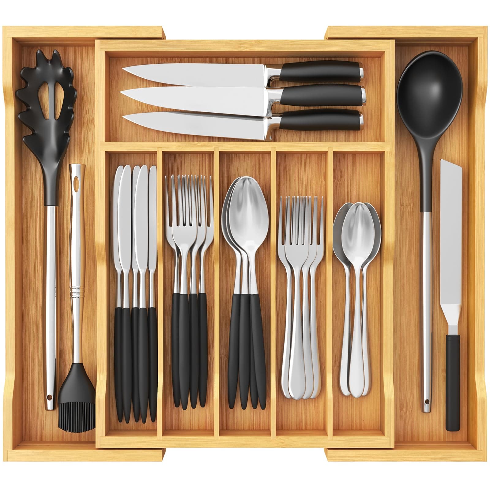 Lifewit Cutlery Drawer Organiser, Extendable Cutlery Tray for Kitchen Drawers Insert, Wood Utensil Holder Adjustable Storage for Spoons Forks Knives, 33-57x38cm, Natural