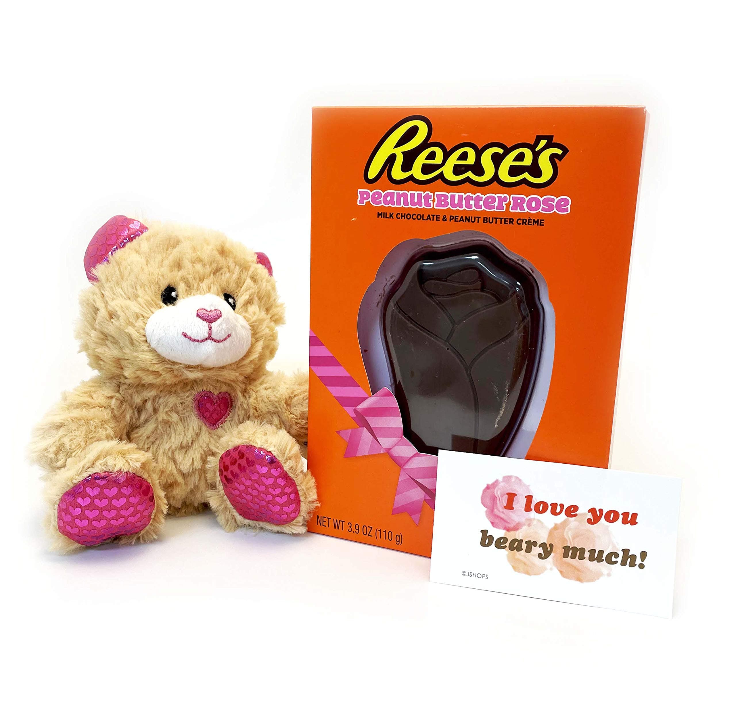 Valentines Day Reese's Chocolate Peanut Butter Rose Shaped Chocolate Gift Box for Him or Her, Card, and Plush Stuffed Animal Doll Gift Set (Beige Bear)
