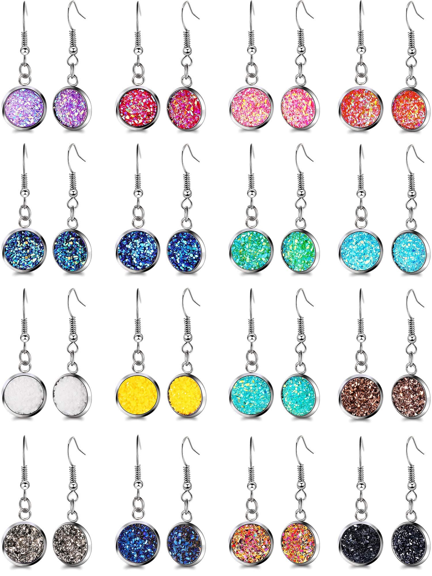 16 Pairs Bulk Faux Druzy Dangle Earrings for Women Colorful Resin Drop Earrings for Girls Jewelry Wholesale(12 mm)