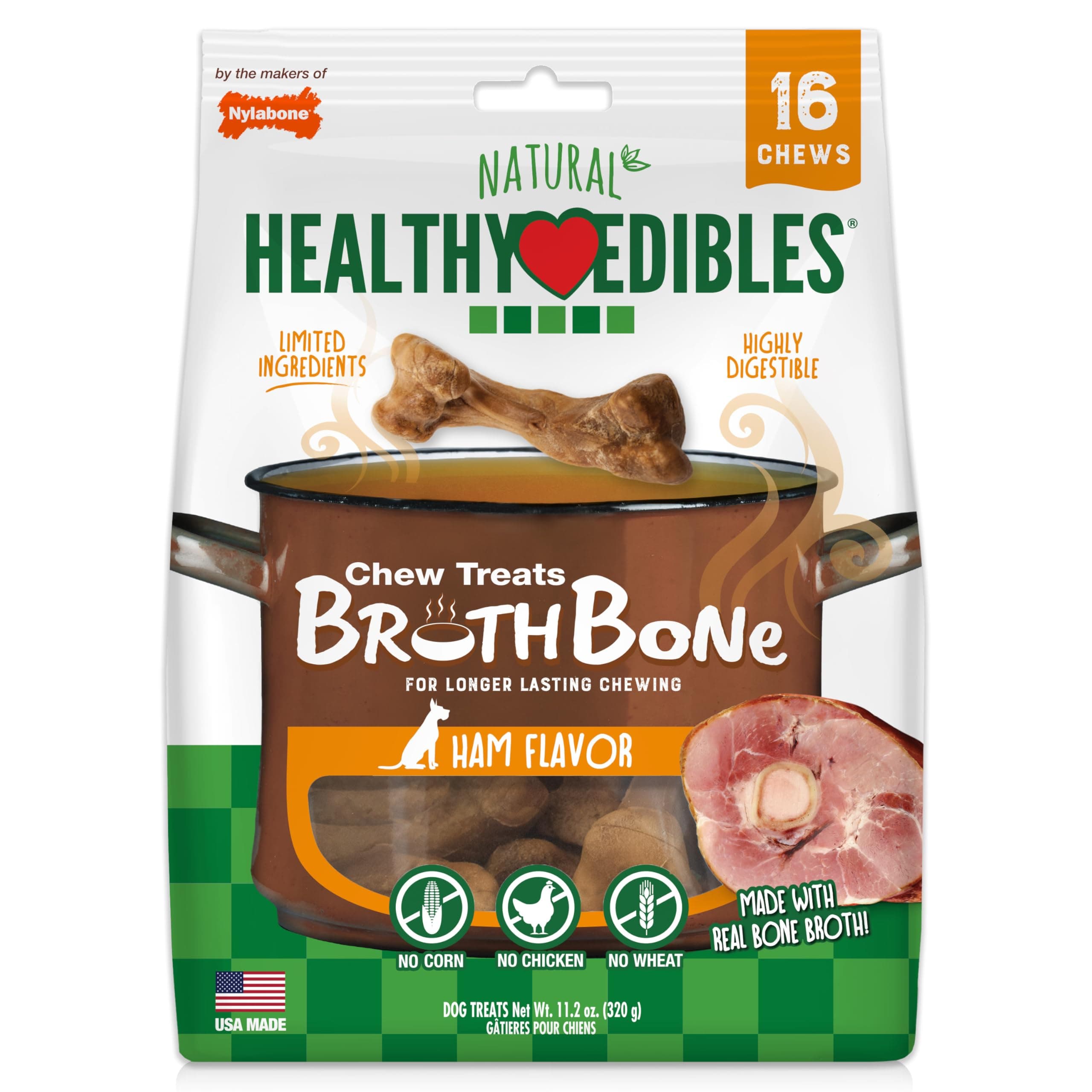 Nylabone Healthy Edibles Broth Bone Natural Dog Chews Long Lasting Treats Ham Flavor Small/Regular - Up to 25 Ibs. (16 Count)