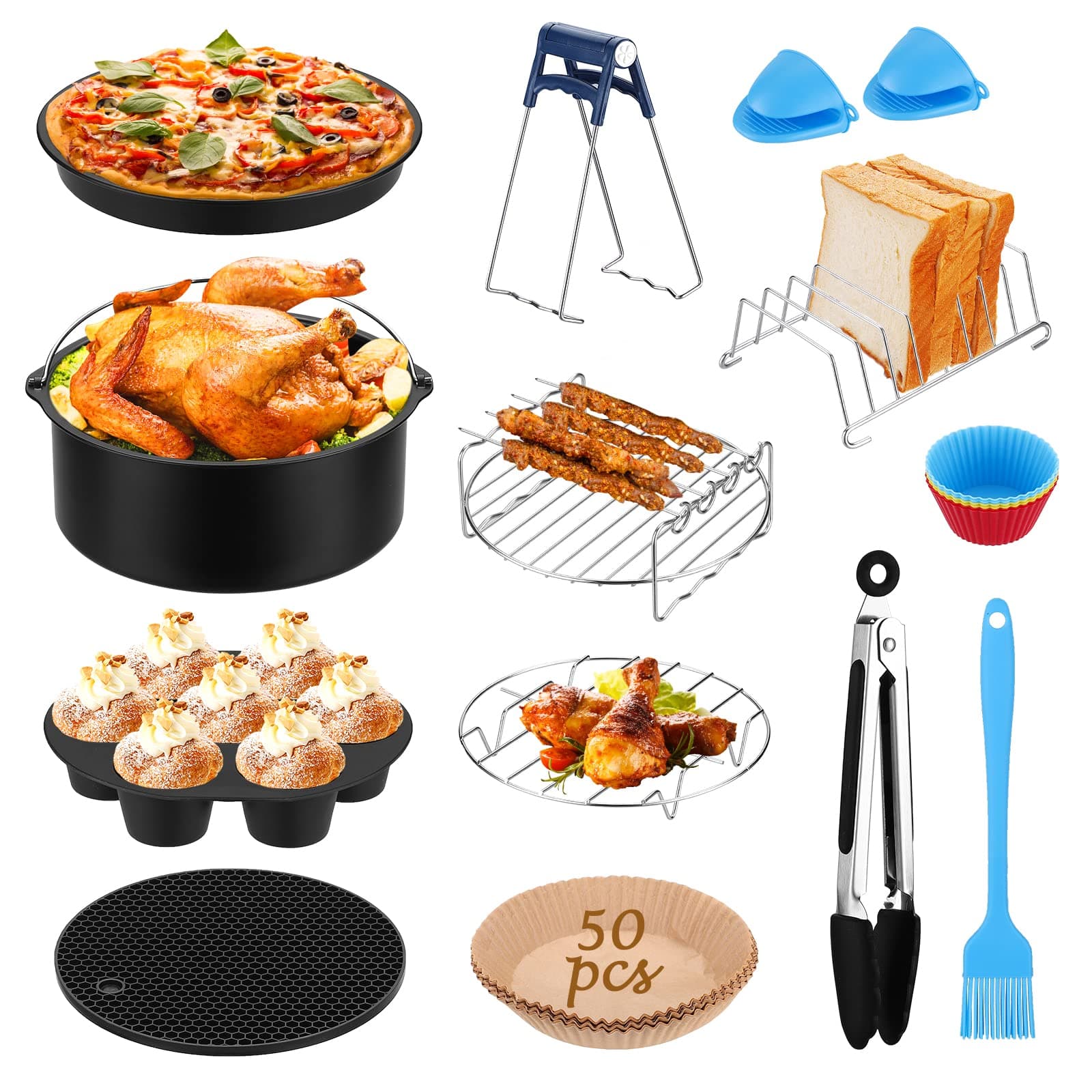 Firelex 8 Inch Air Fryer Accessories,13 Pcs Accessories Set Airfryer Basket Liners Air Fryer Tray Parchment Paper Metal Holder for Pizza/Pan/Barbecue Compatible with Philips/Pigeon/Inalsa 4.5-5.2Ld