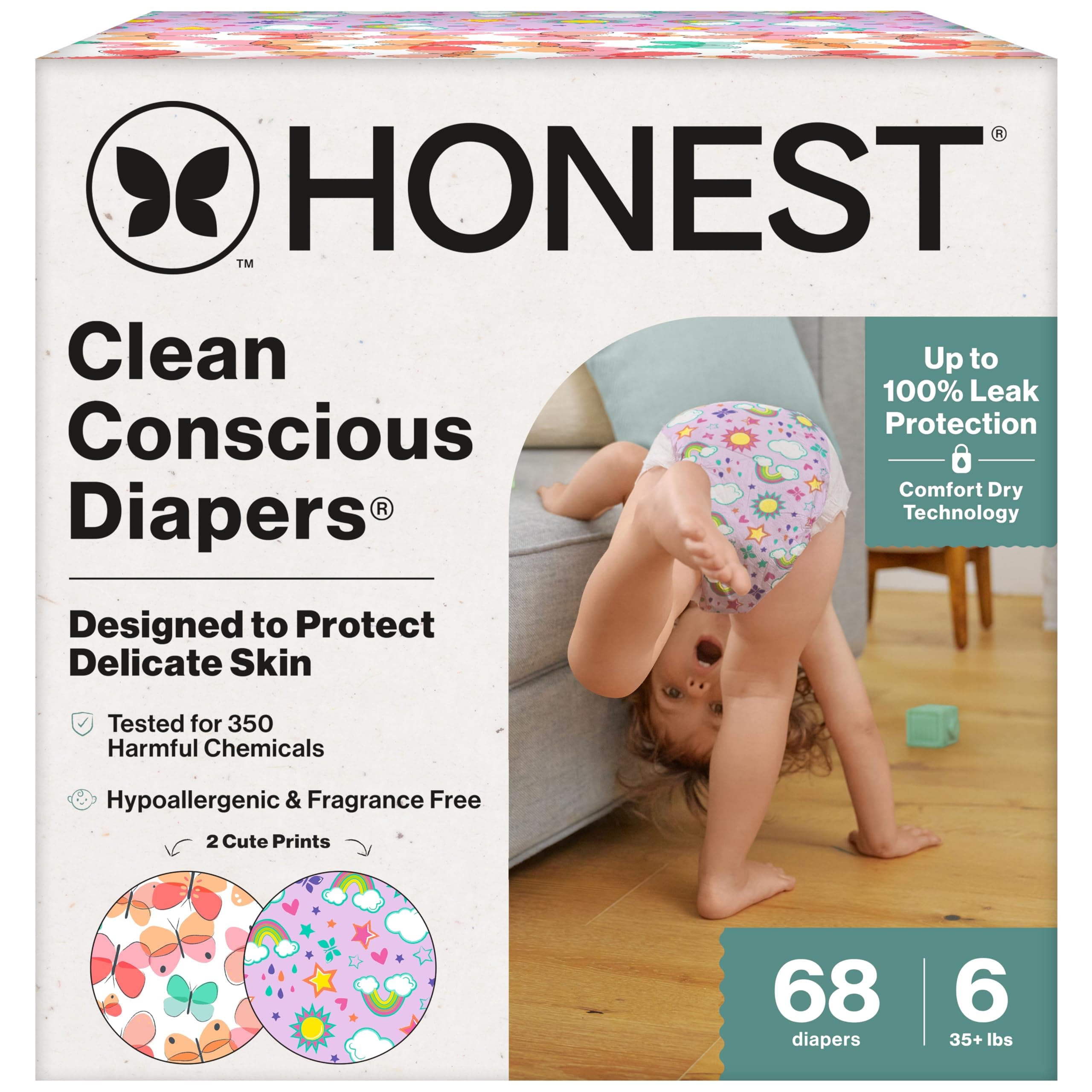 Comfort Dry Disposable Diapers for Sensitive Skin, Hypoallergenic, Sky's The Limit + Wingin It, Super Club Box Size 6 (35 lbs) 68 Count